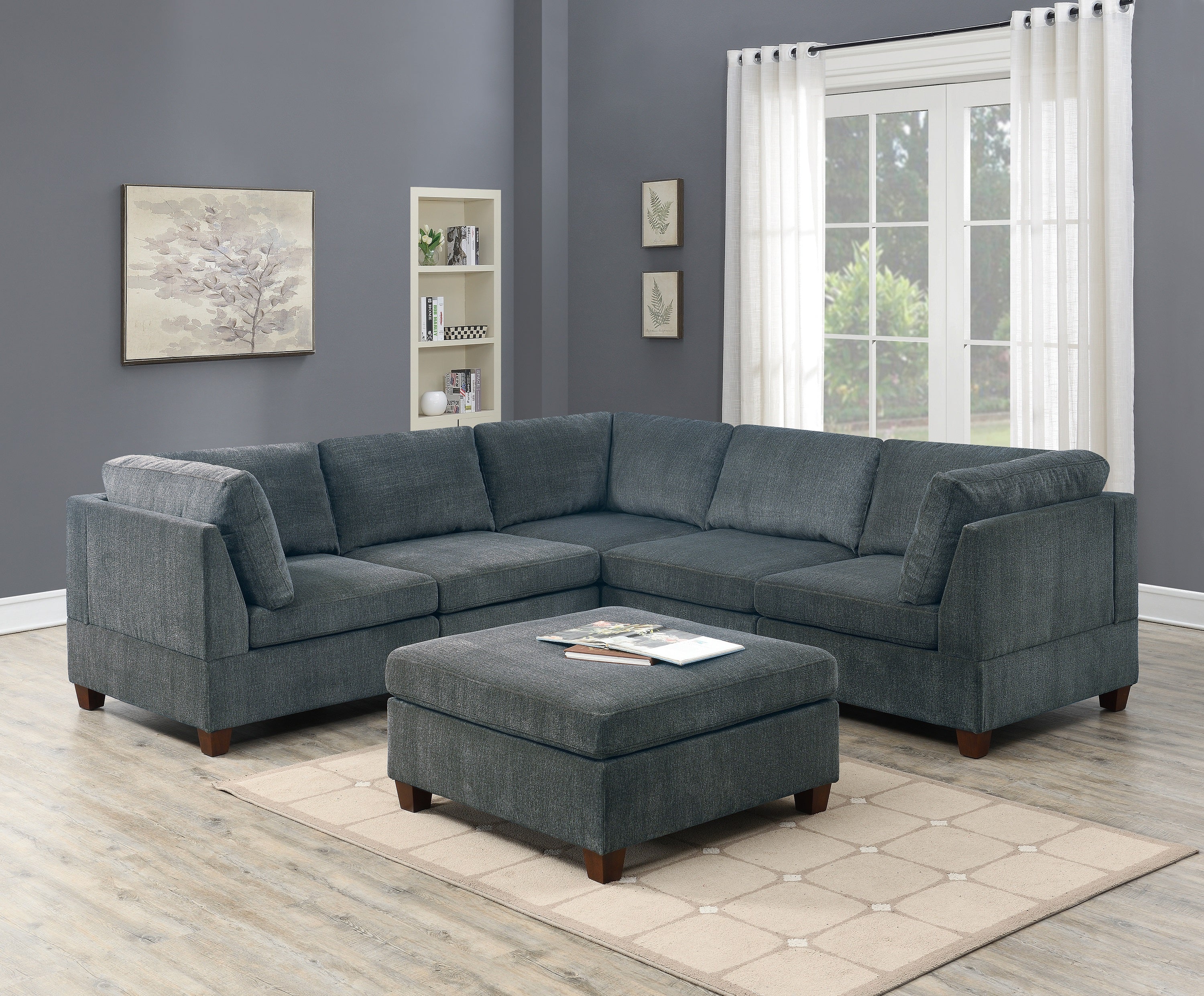 Grey Chenille 6pc Modular Corner Sectional Modern Couch