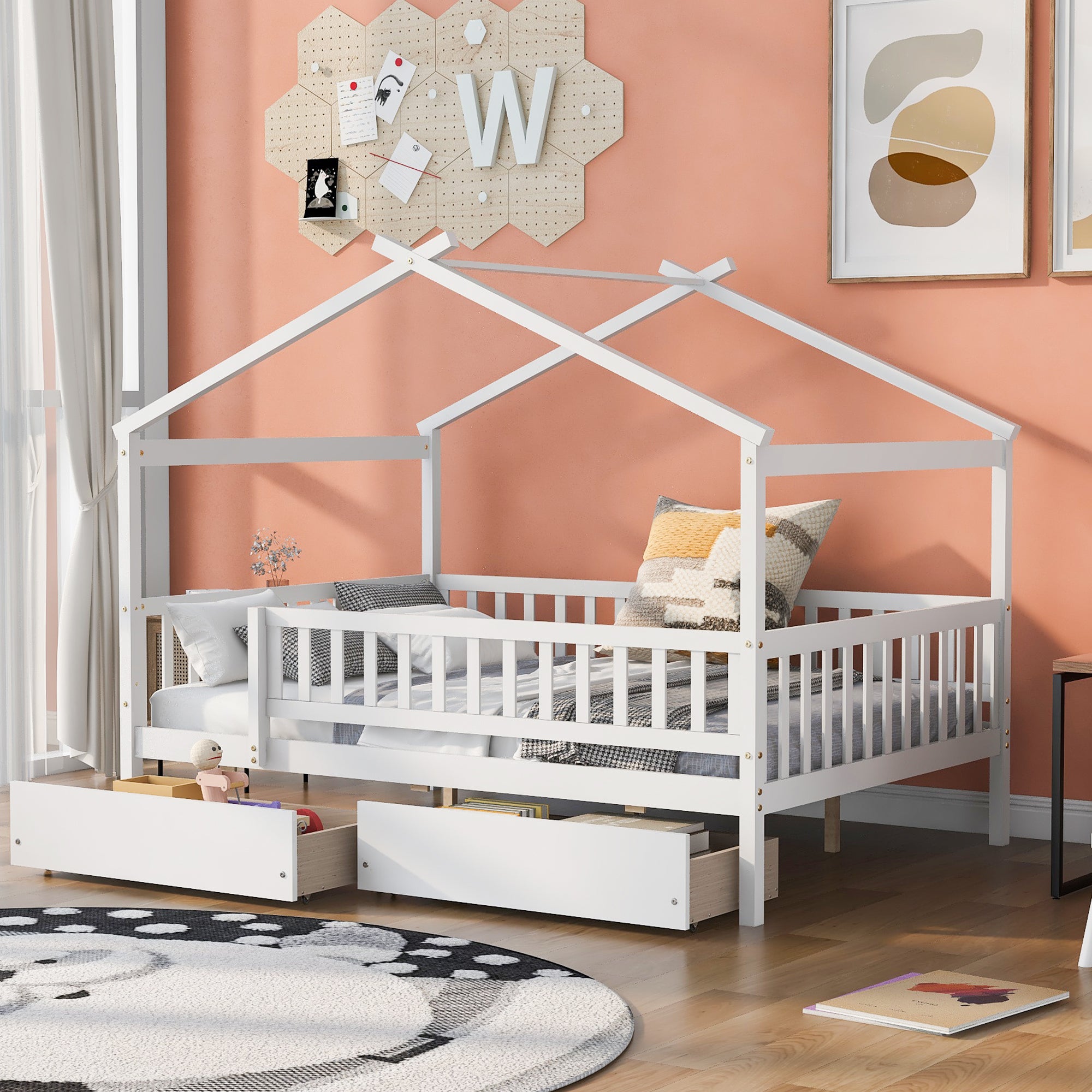 Full Size White Wooden House Bed with Storage Drawers