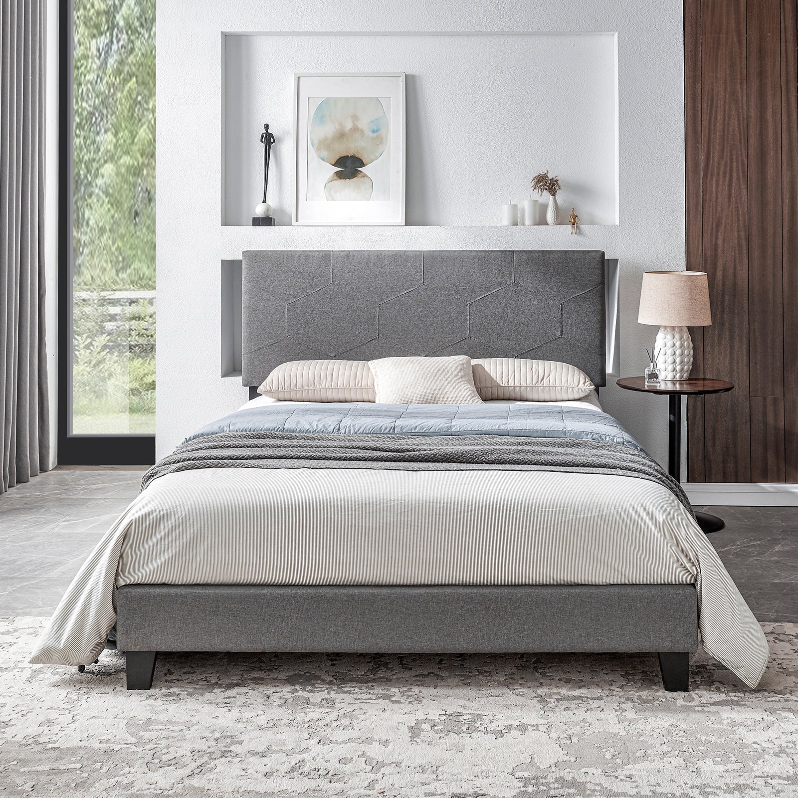 Grey Queen Upholstered Platform Bed, Wood Slat, Easy Assembly