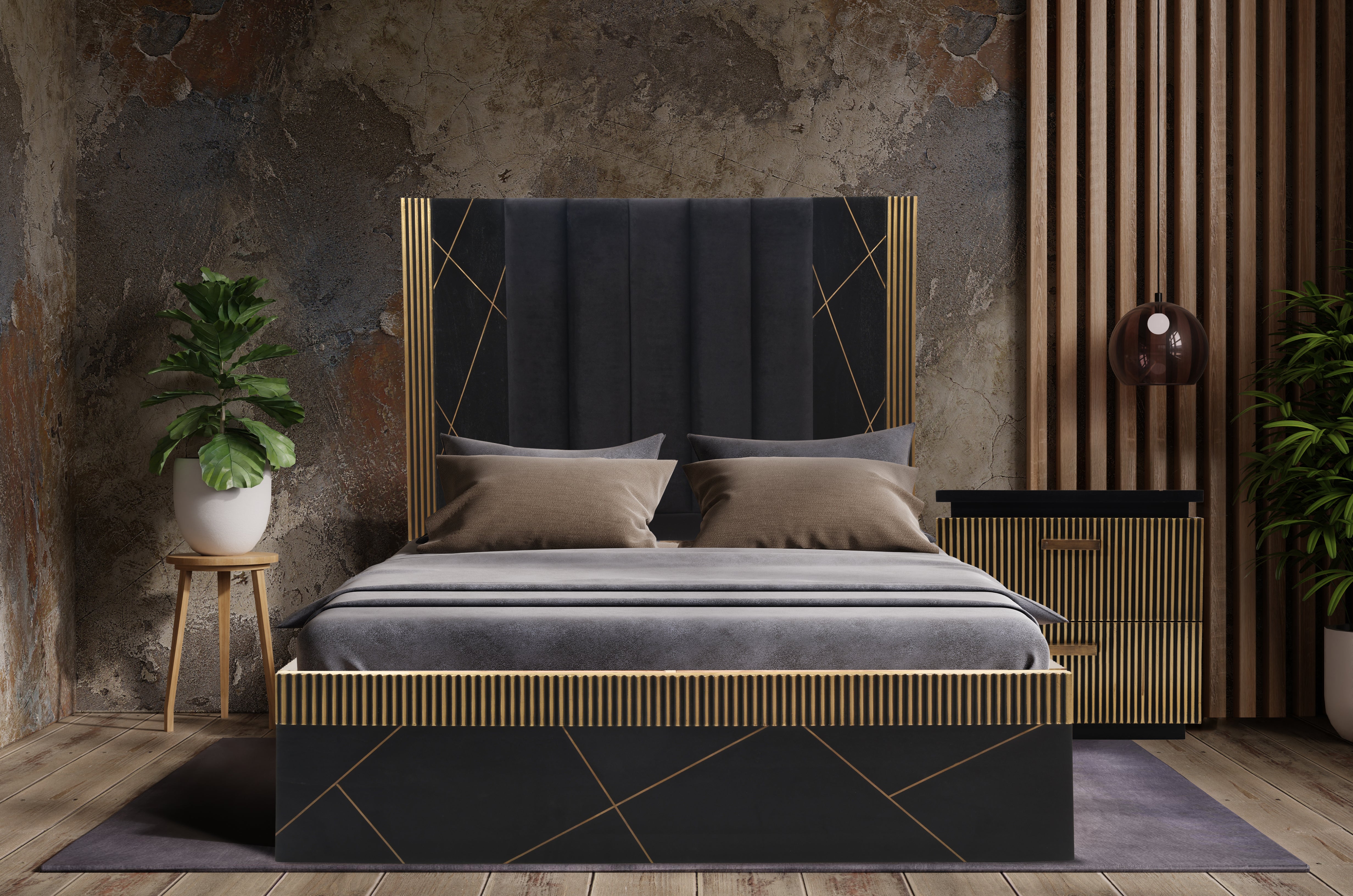 Modern Mango Wood Queen Bed, Brass Metal Accents, Stylish Design.