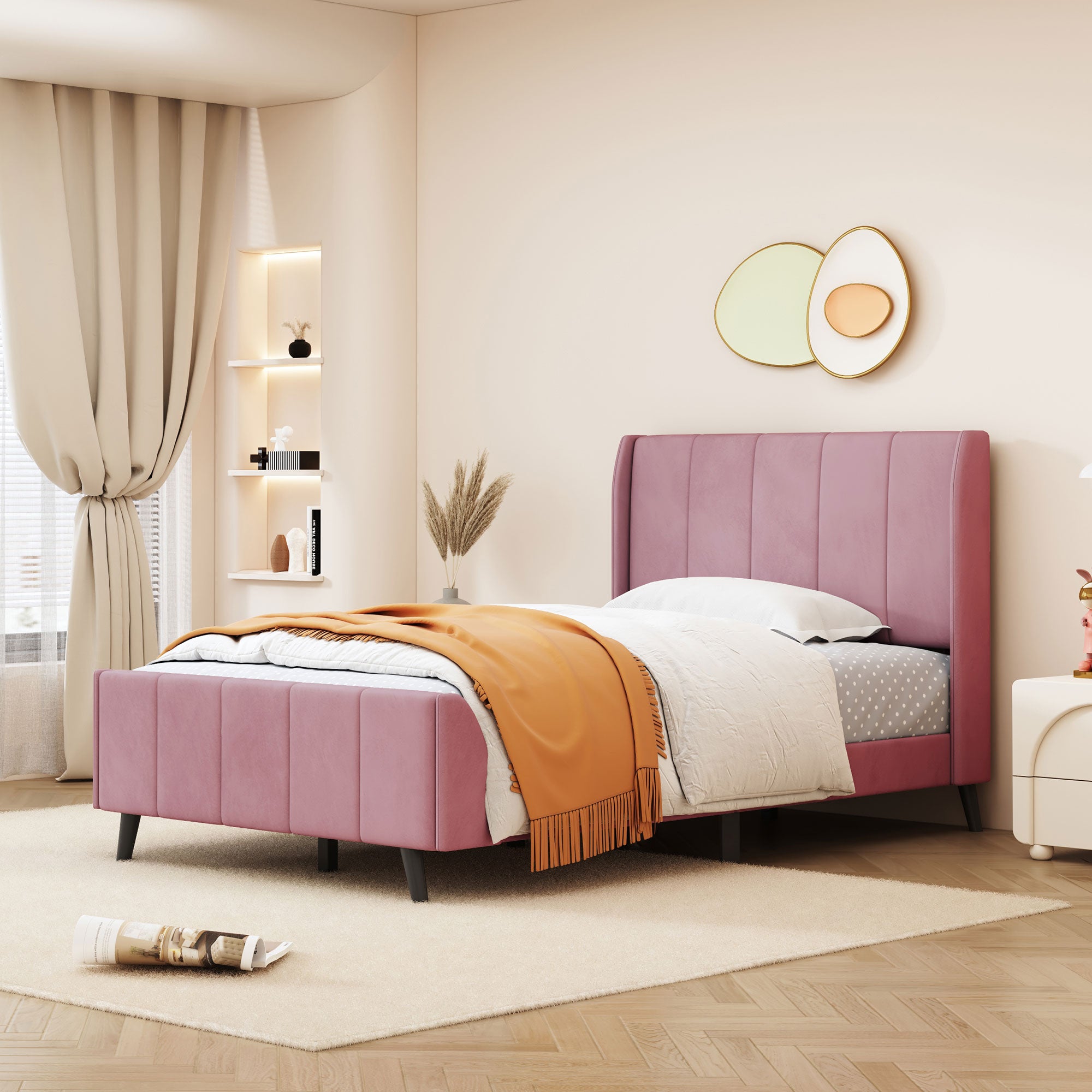 Twin Pink Velvet Upholstered Platform Bed with Headboard