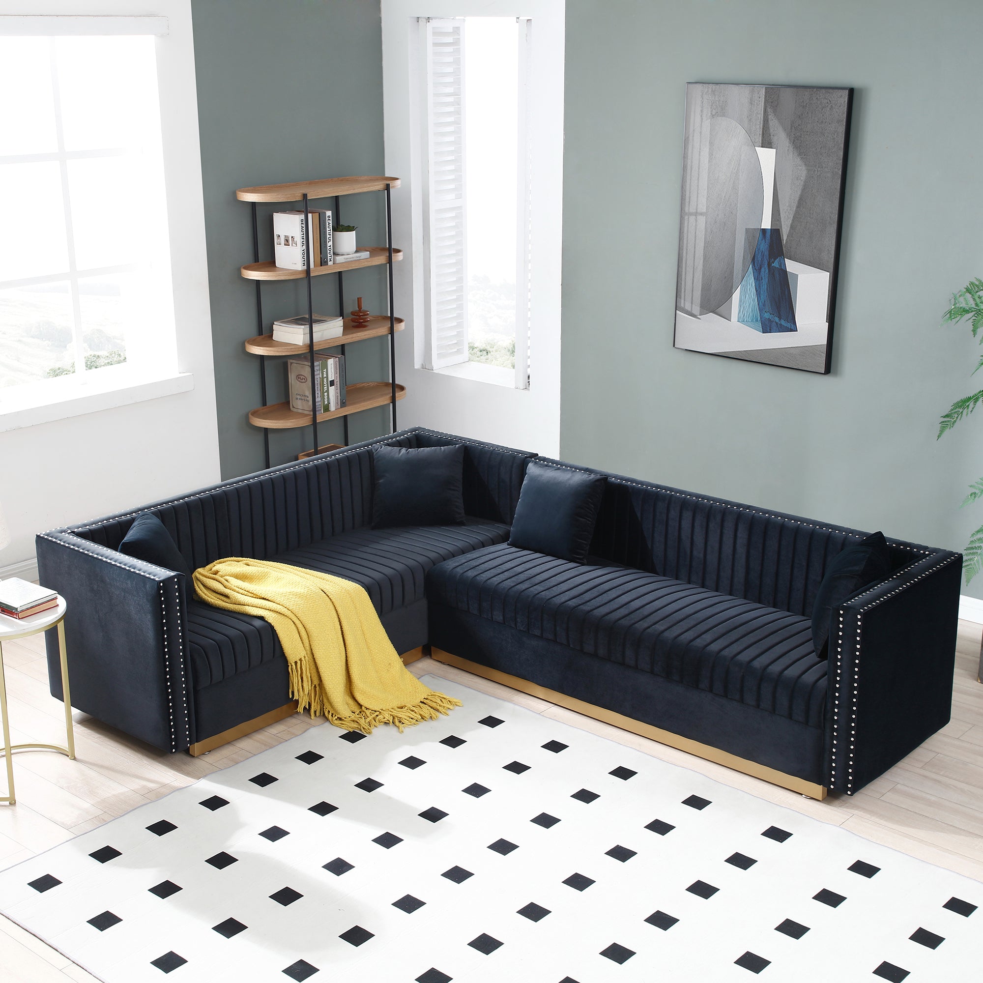Black Velvet Channel Tufted Sectional Sofa - Modern Couch