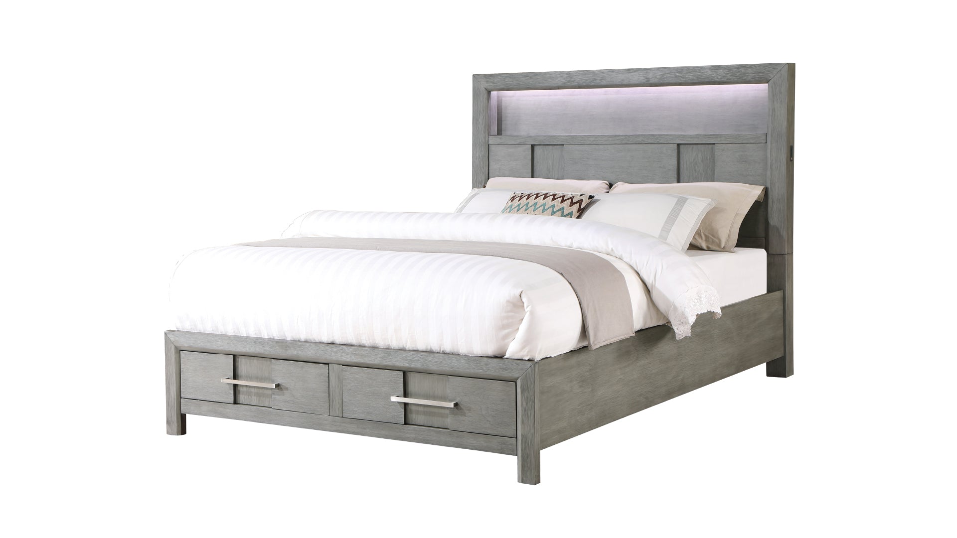 KENZO Modern Full Bed - Wood & LED Headboard with Bookshelf, Gray (NJ)