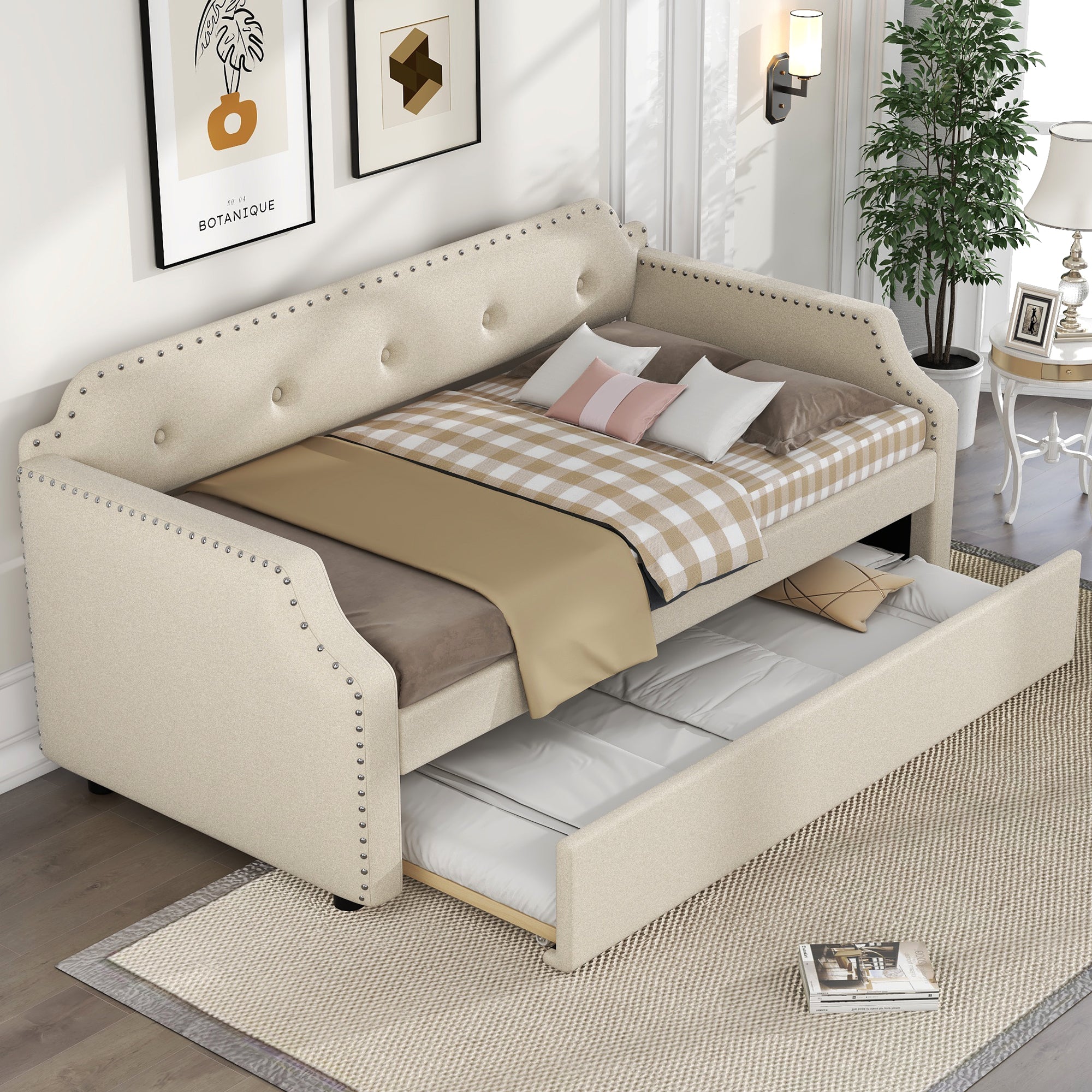 Beige Twin Upholstered Daybed with Trundle & Wood Slat Support