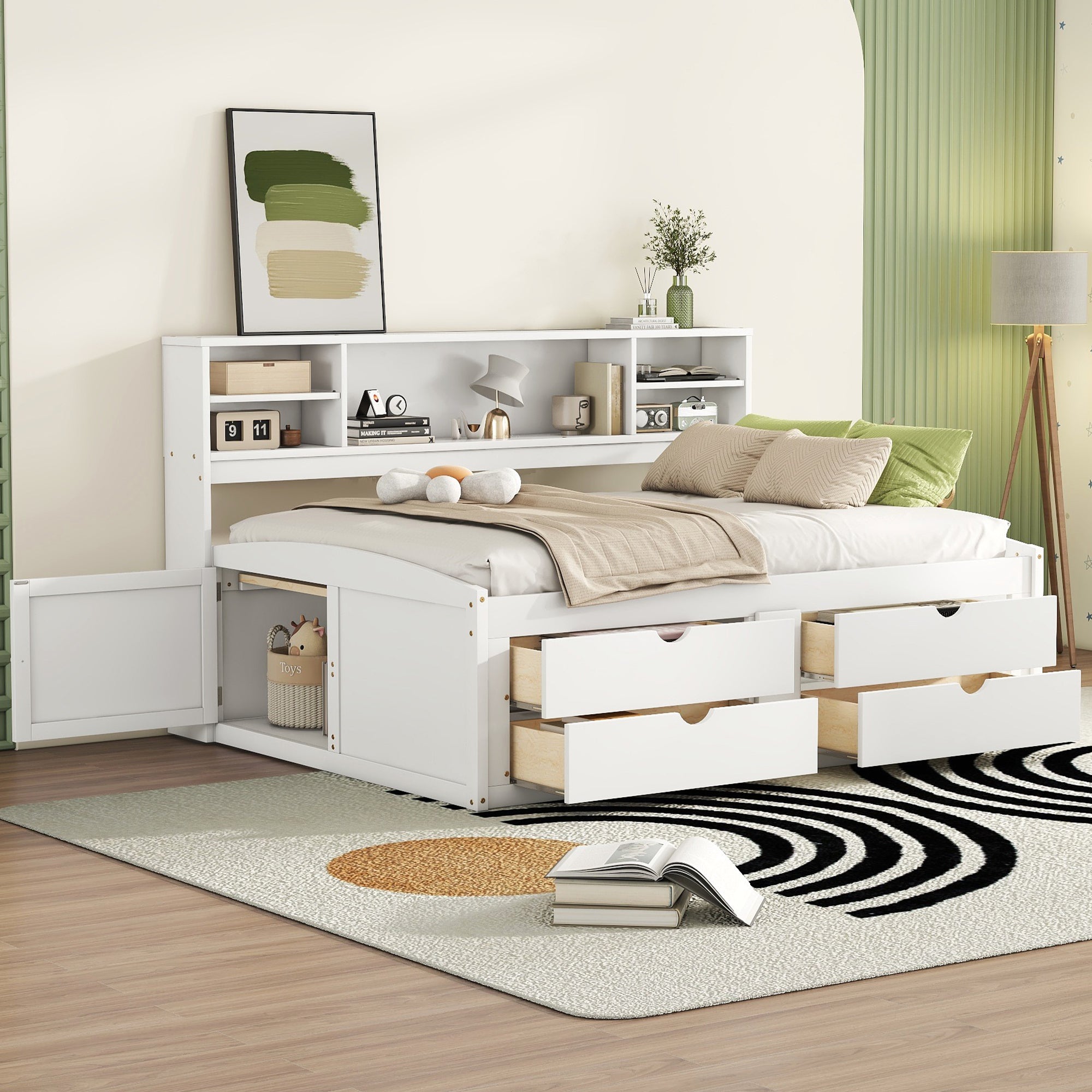 White Full Size Wood Daybed: 2 Cabinets, Shelves, 4 Drawers Storage