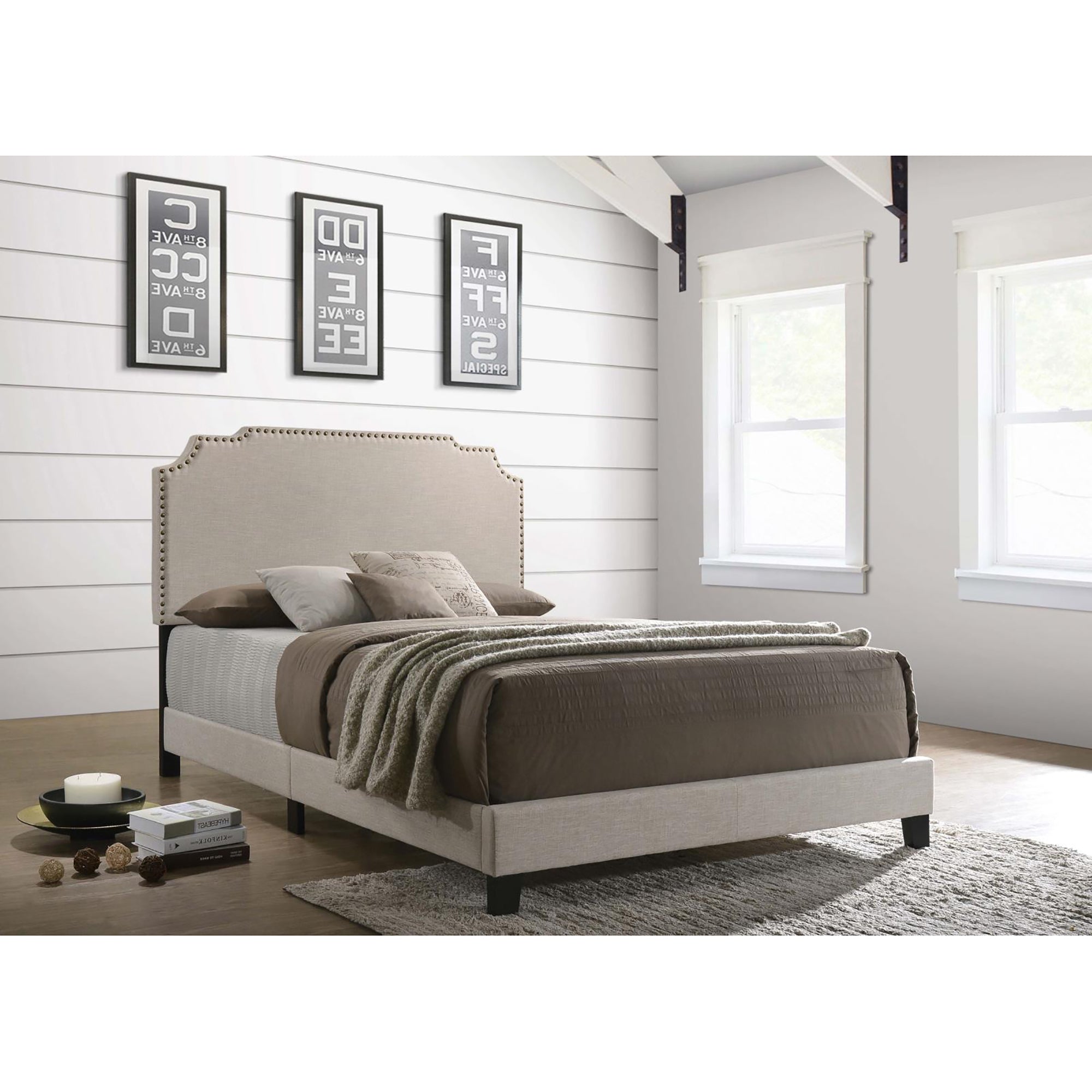 Beige Full Panel Bed with Nailhead Trim | Stylish Bedroom Furniture
