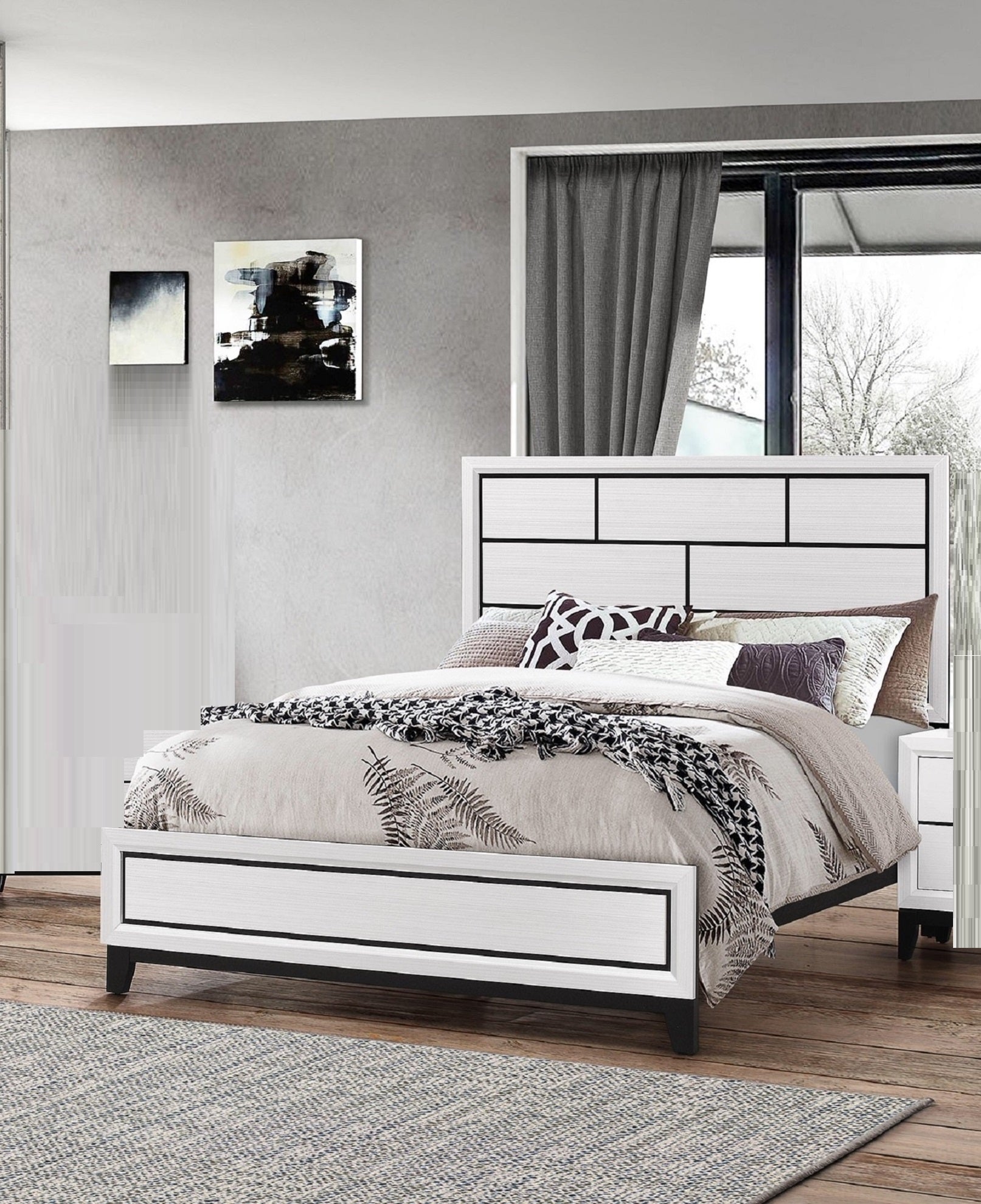 White Geometric Full Low-Profile Bed | Contemporary Wood Panel Design