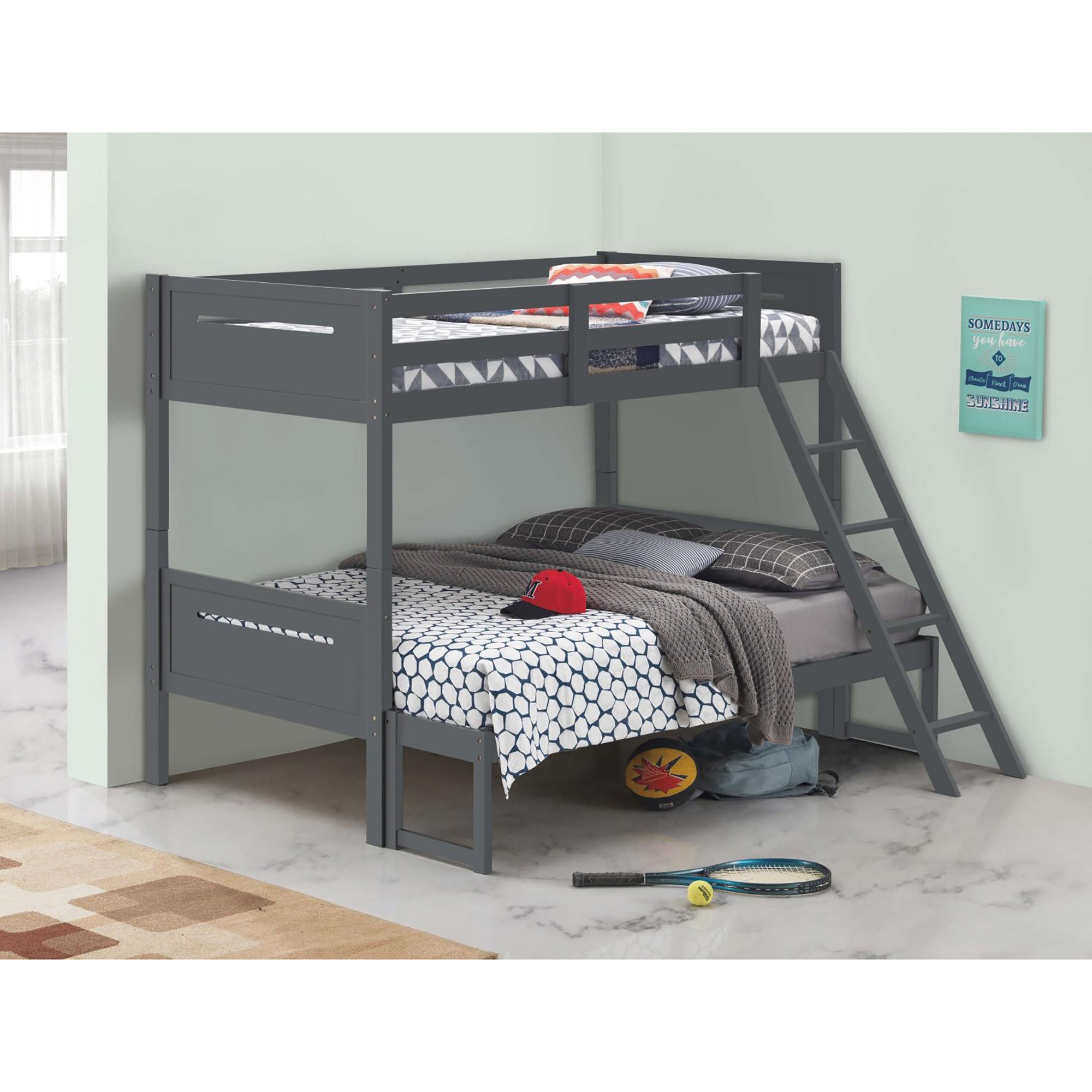 Grey Twin Over Full Bunk Bed with Built-in Ladder - Space Saving