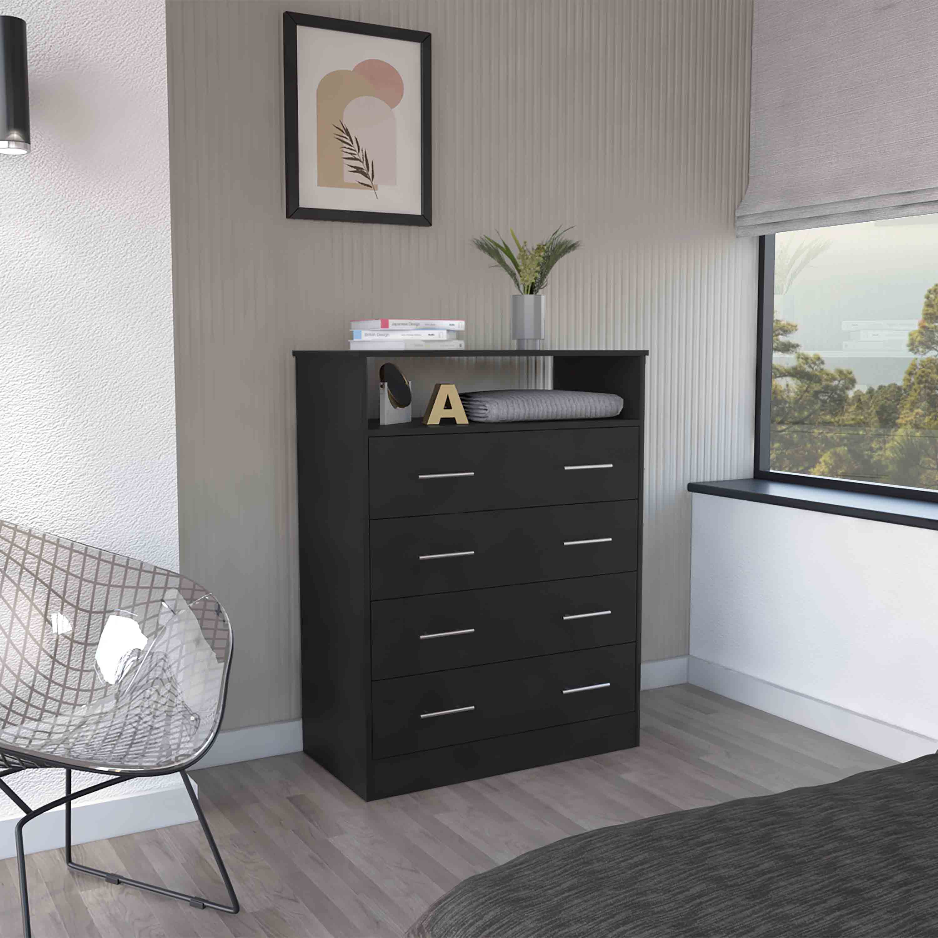 Peru L Black 4-Drawer Dresser with Superior Top, One Open Shelf