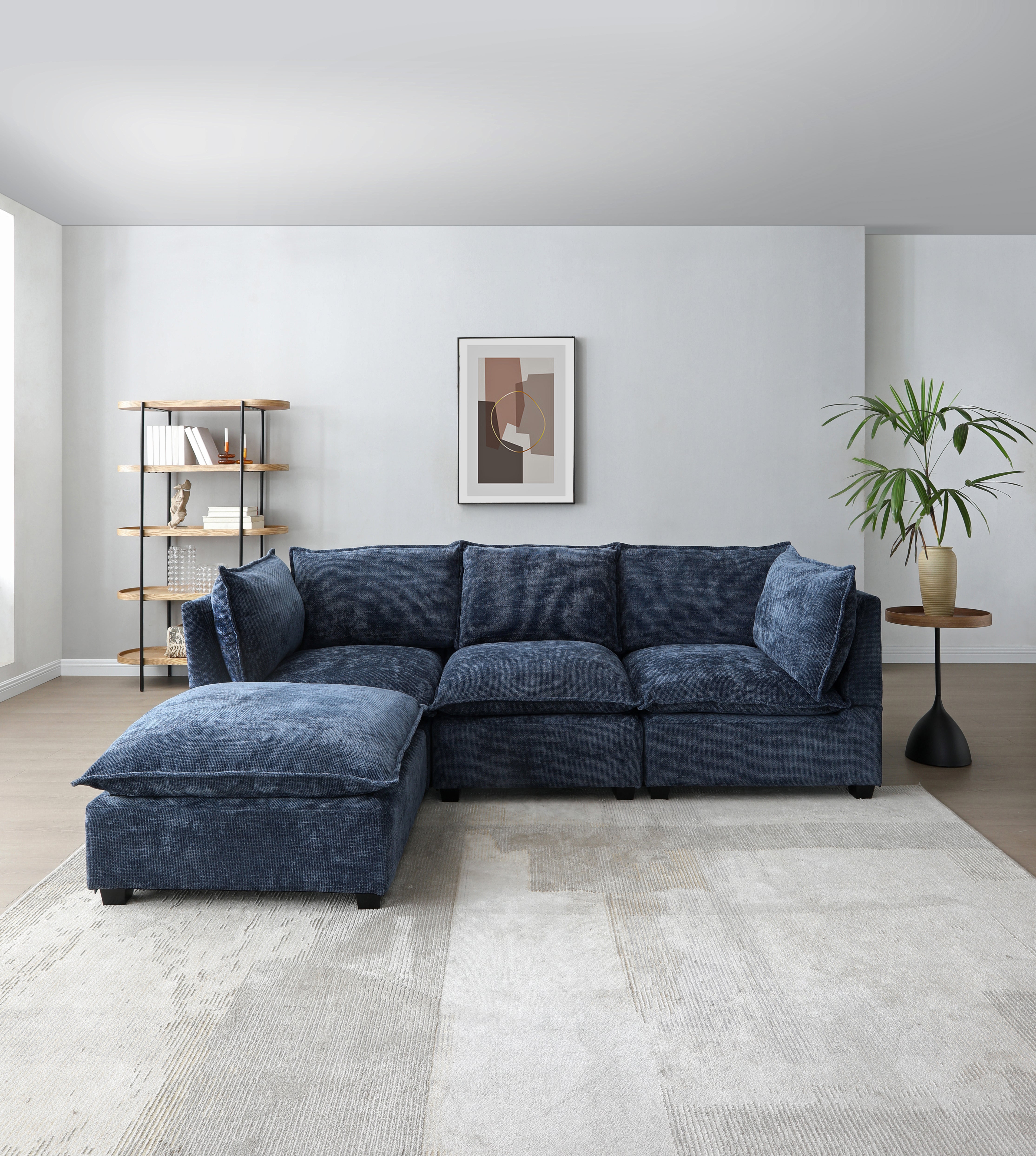 Modern L-Shape Linen Sectional Sofa Convertible Ottoman