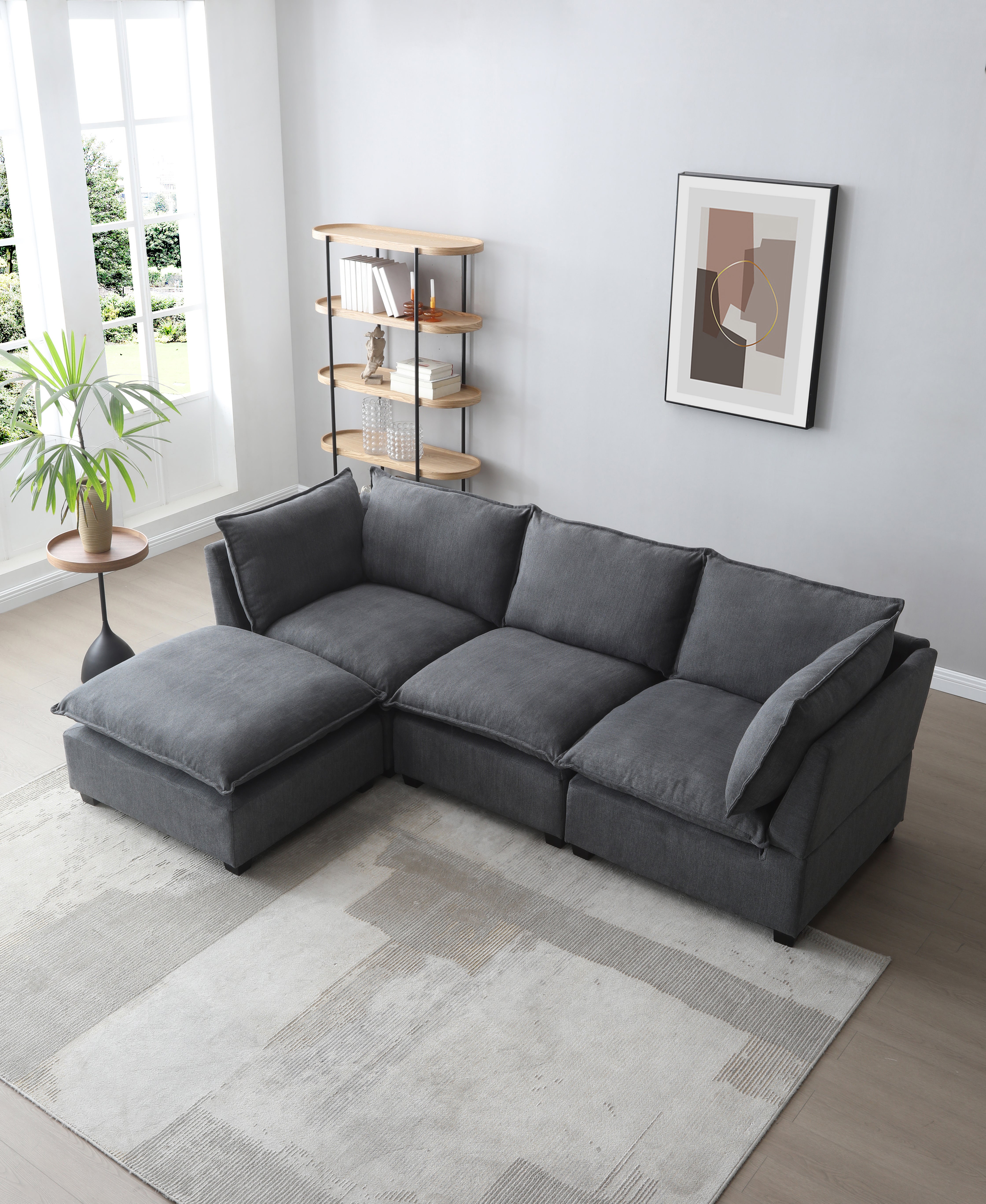 Modern L-Shape Linen Fabric Sectional Sofa Couch + Ottoman