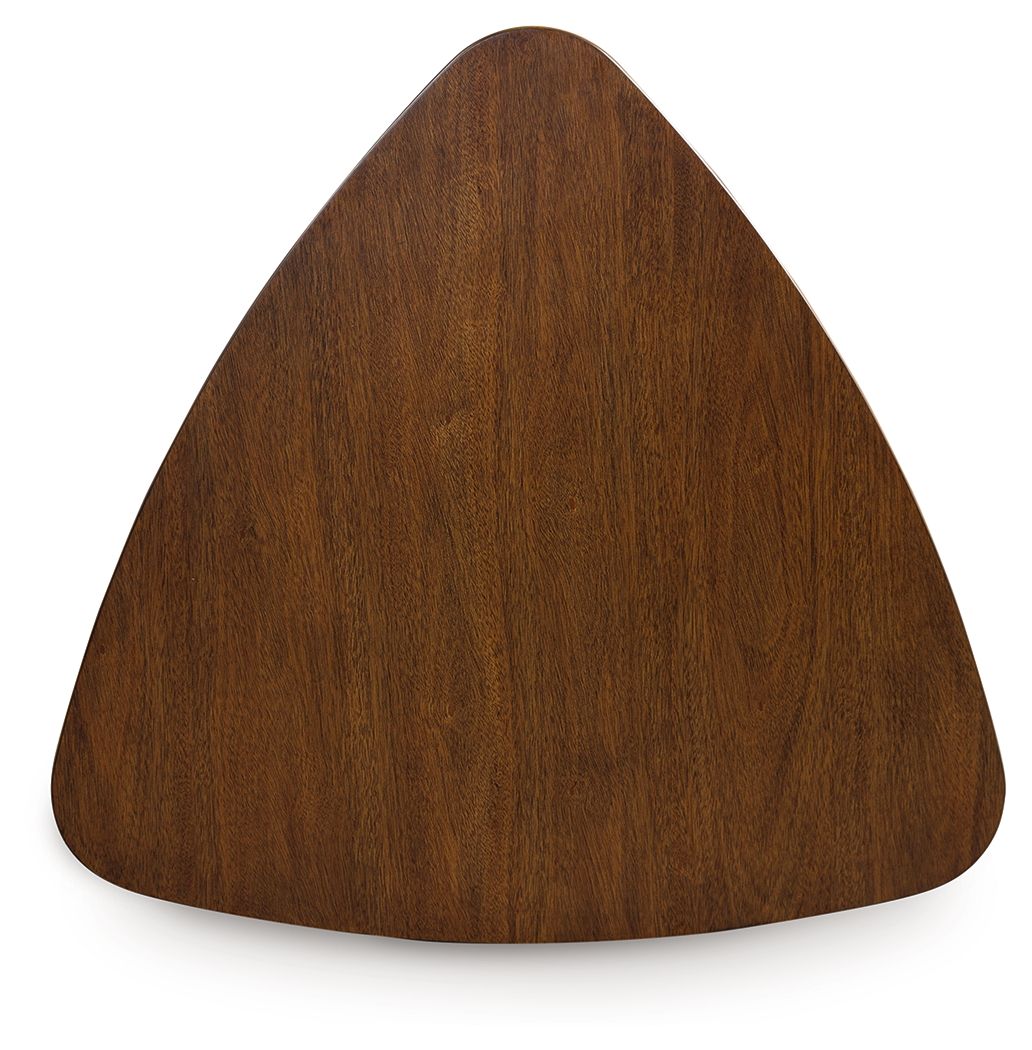 Brown triangle tabletop with rounded edges and natural wood grain surface