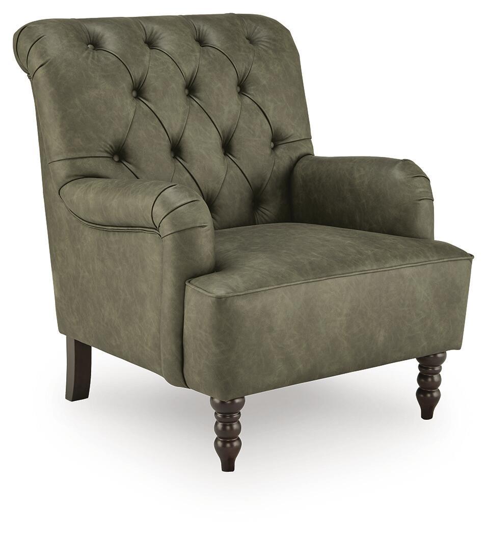 Green upholstered accent chair with tufted back, rolled arms, and dark wooden legs