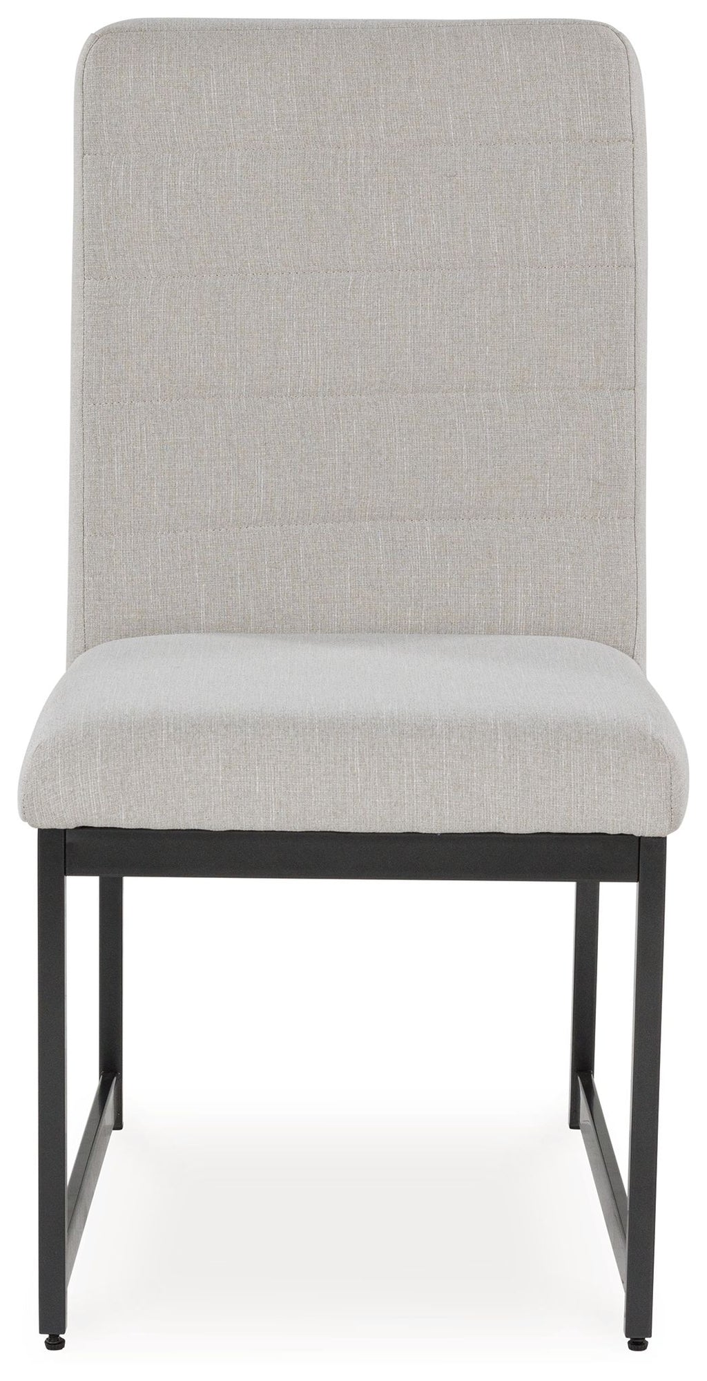 Upholstered dining side chair with tall padded back, light fabric and dark legs