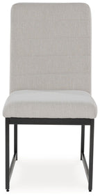 Upholstered dining side chair with tall padded back, light fabric and dark legs