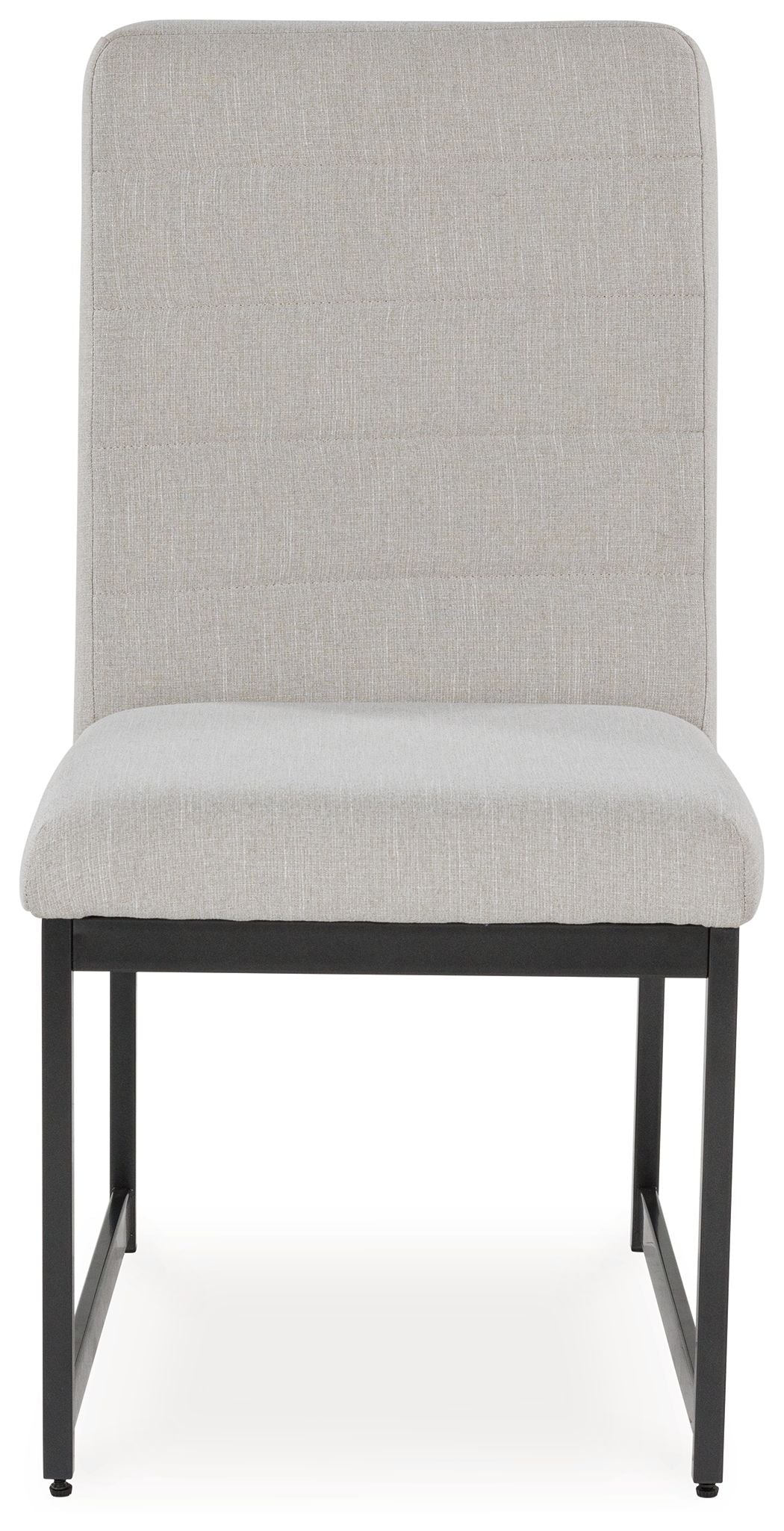 Upholstered dining side chair with tall padded back, light fabric and dark legs