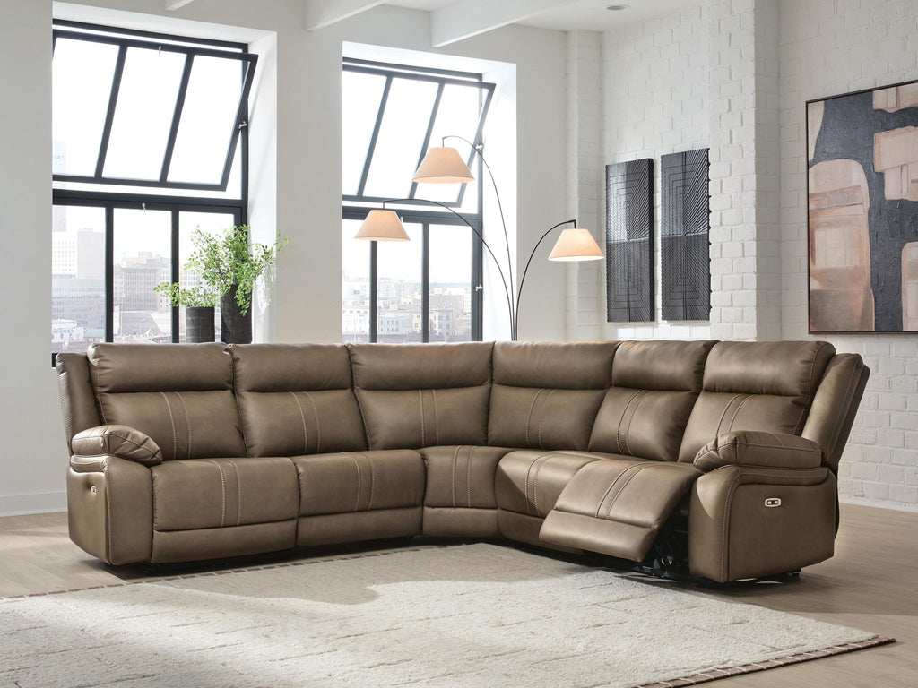 Max-Media power reclining sectional sofa in biscotti with chaise and console arm