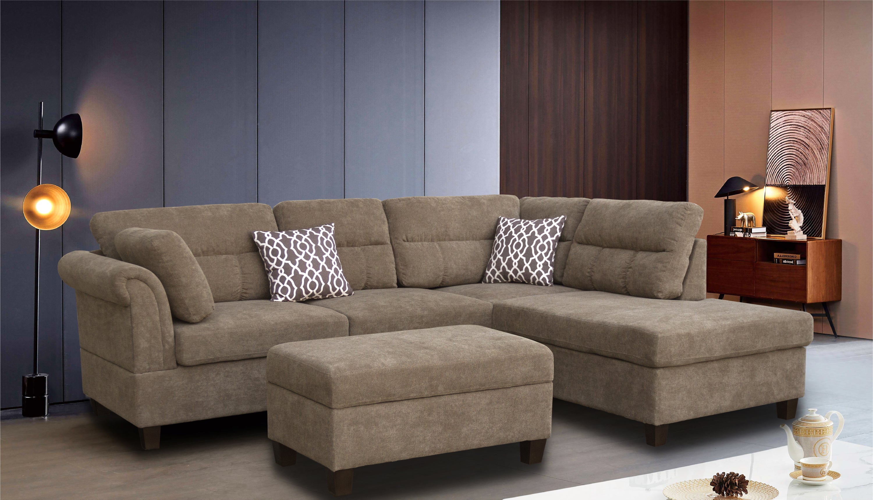 Diego 103.5' Brown Fabric Sectional Sofa w/ Chaise & Storage