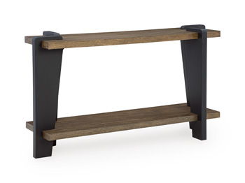 Weathermore rectangular table with wood top and lower shelf, black frame legs