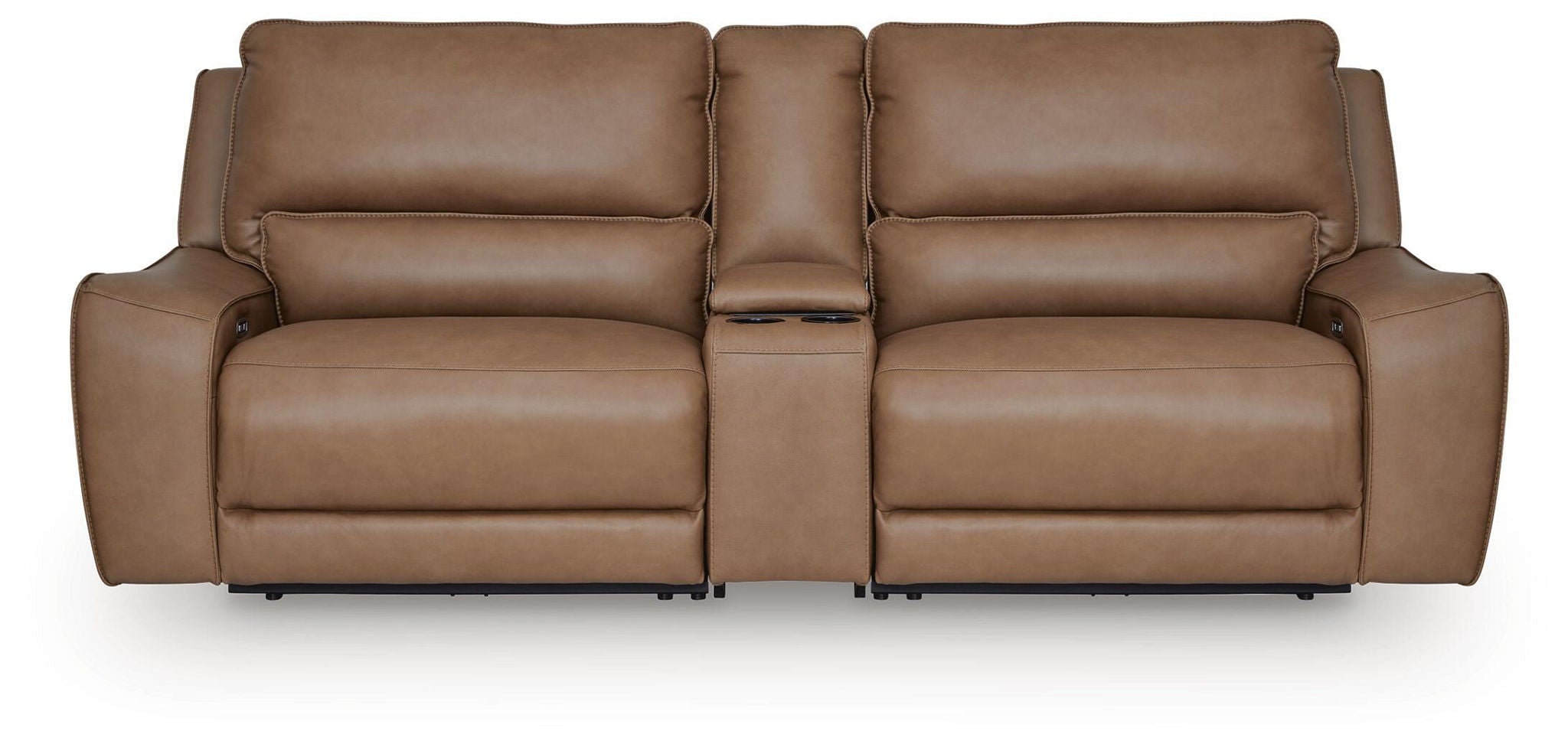 Power reclining sectional sofa in light brown leather, centered two-seat front view