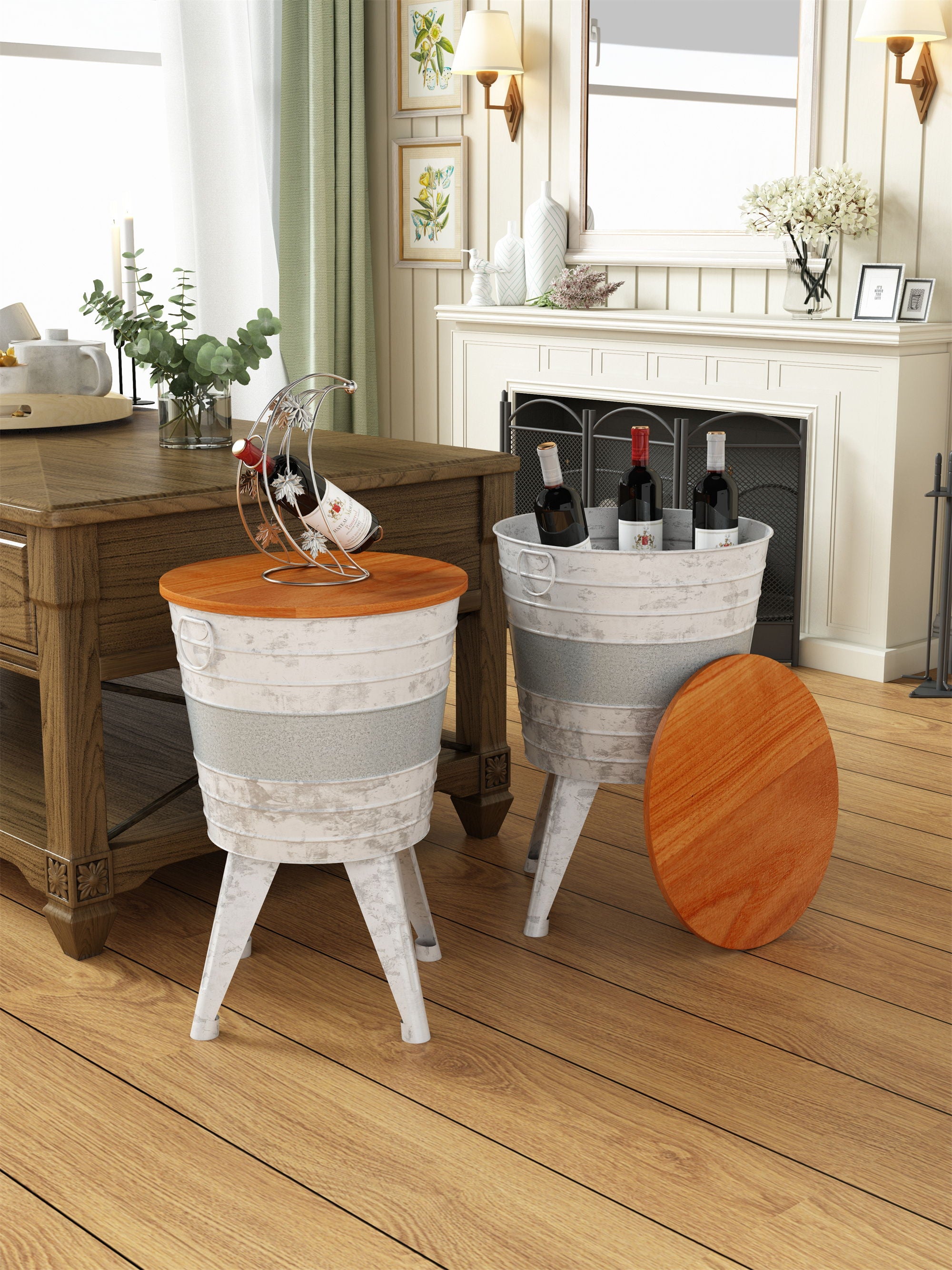 Farmhouse Rustic Distressed Metal Accent Cocktail Table With Wood Top - White & Gray (Set of 2)
