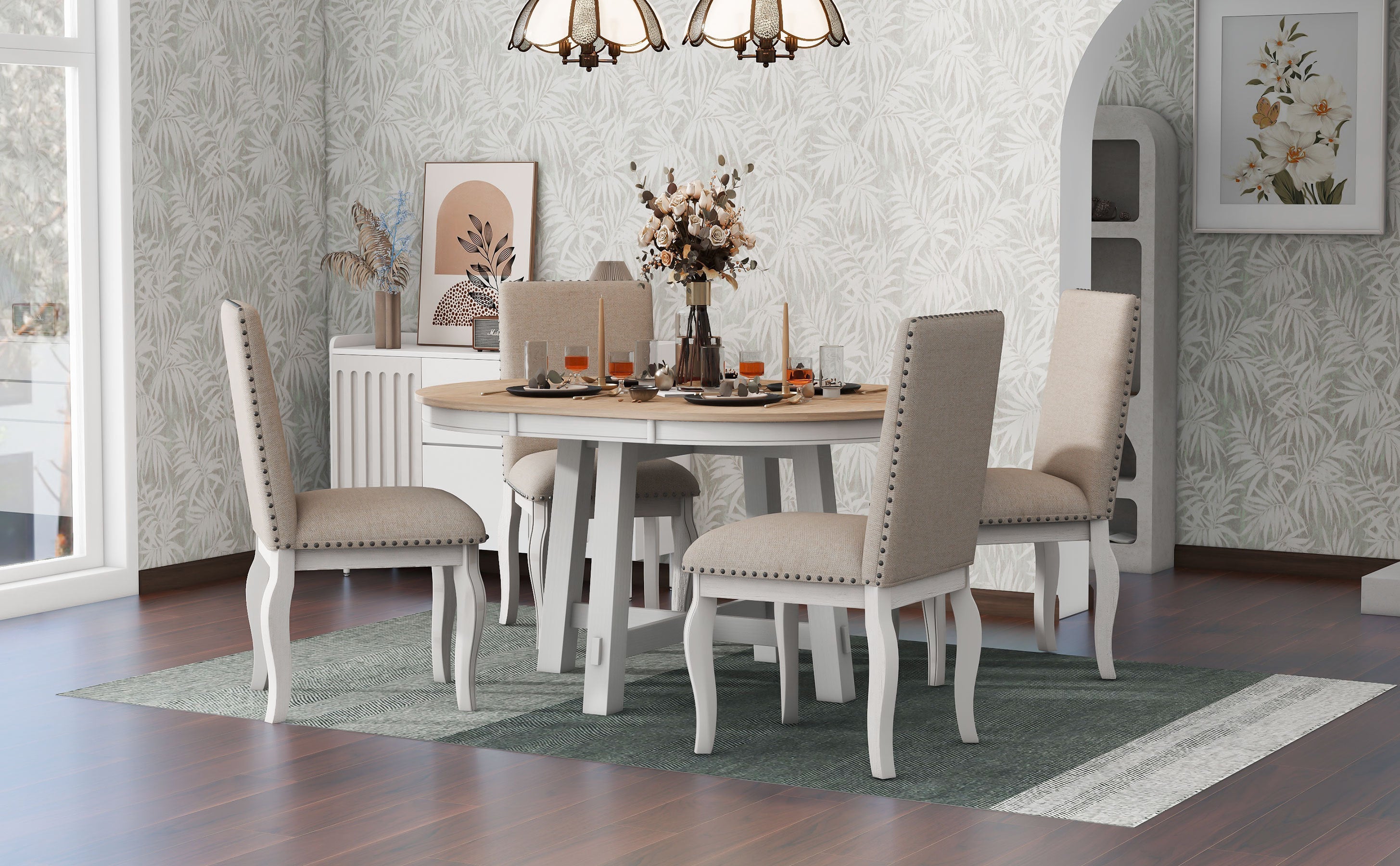 5-Pc Farmhouse Dining Set - Oak & White