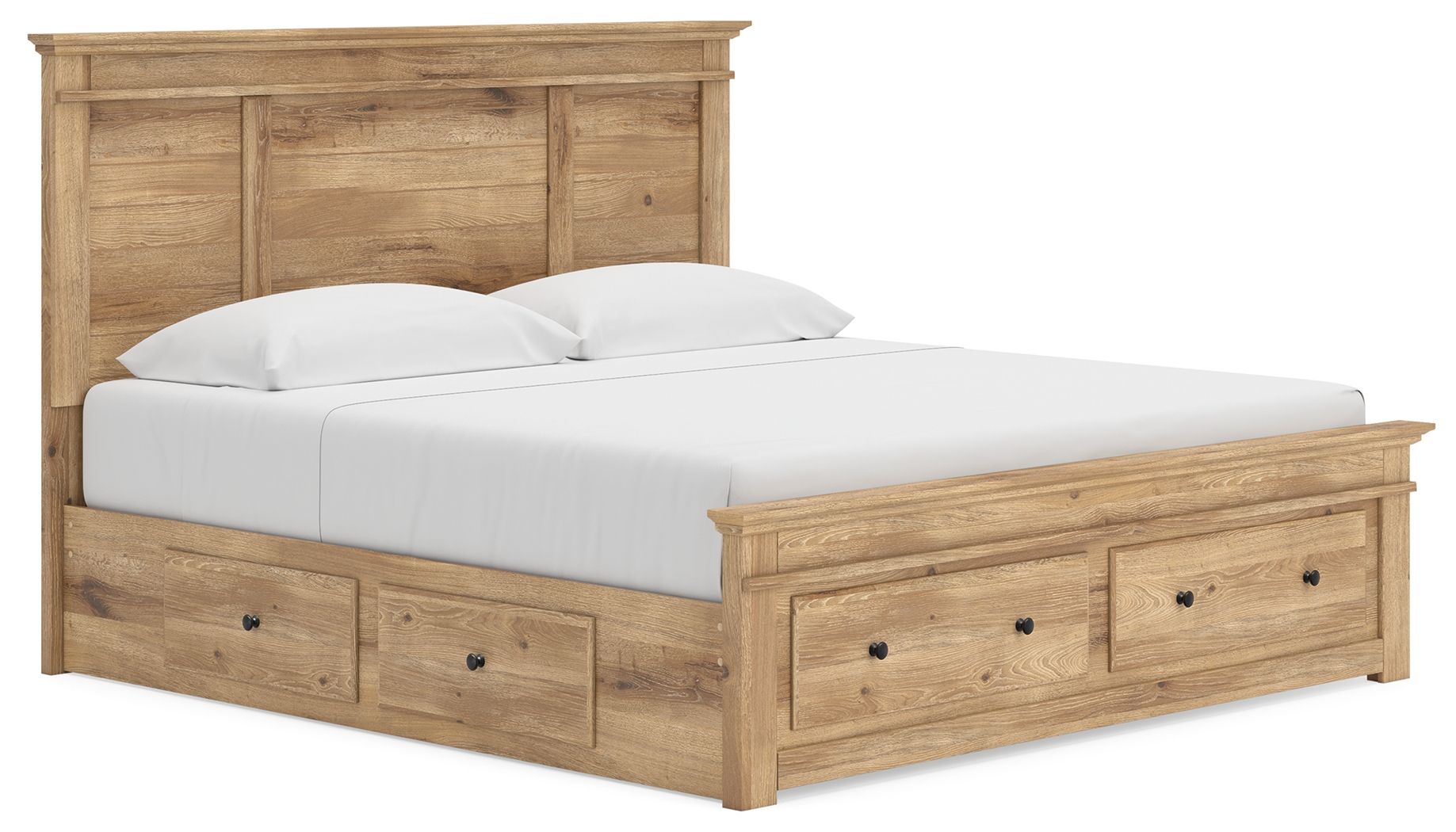 Light brown panel storage bed with storage drawers and headboard paneling.
