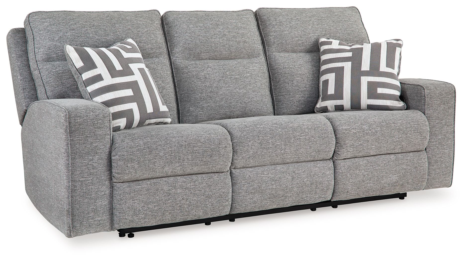 Pewter power reclining sofa in gray fabric with wide arms, patterned throw pillows, and headrests