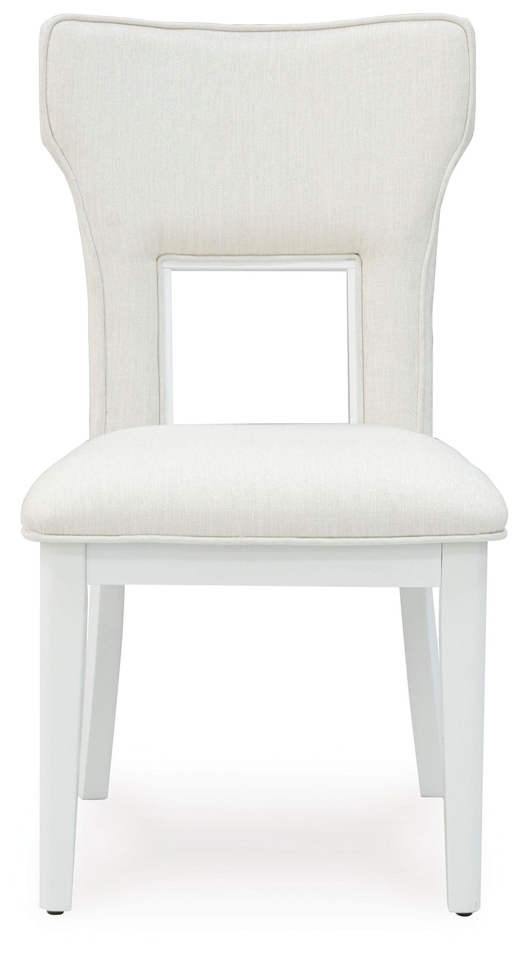 White upholstered dining side chair with open-frame back and cushioned seat