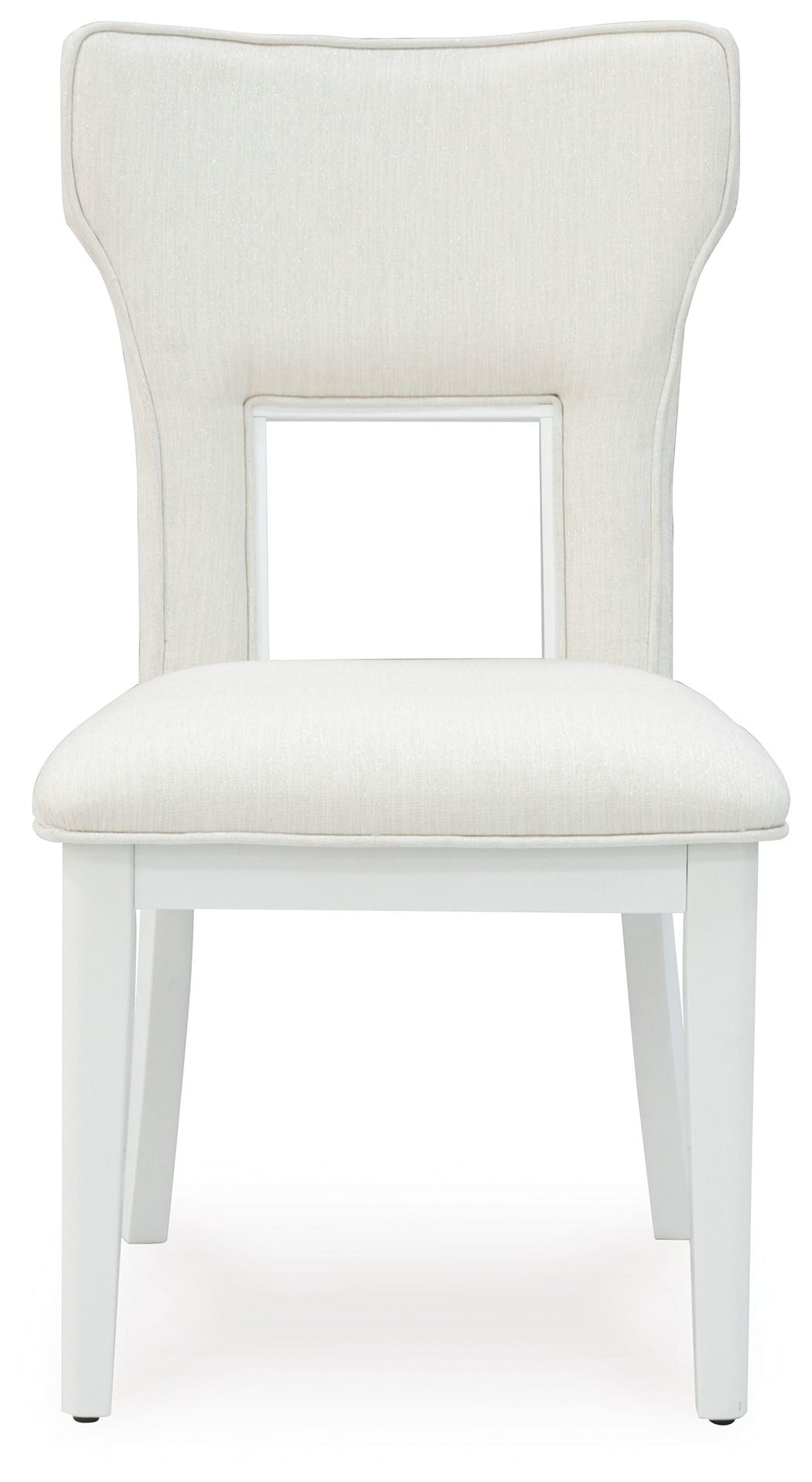 White upholstered dining side chair with open-frame back and cushioned seat