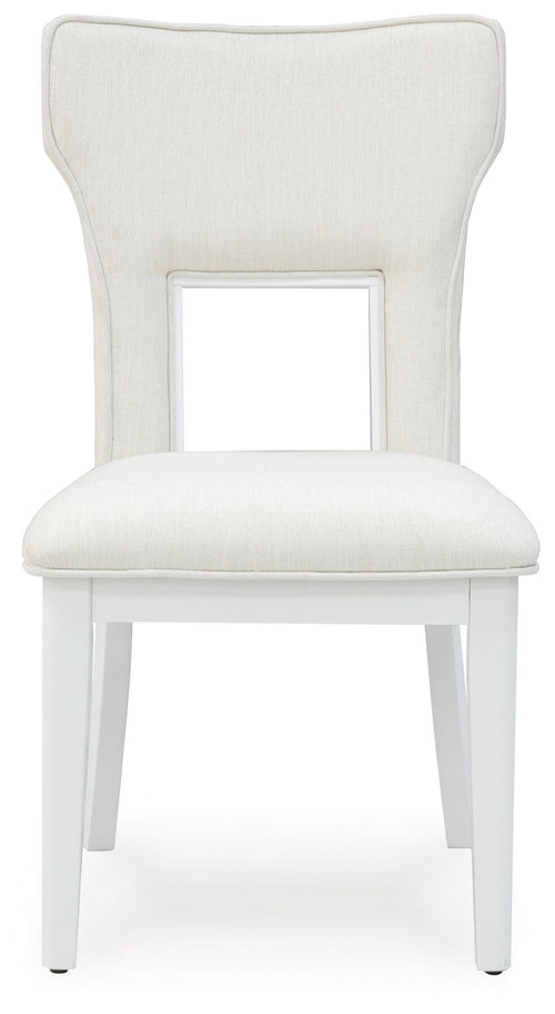 White upholstered dining side chair with open-frame back and cushioned seat