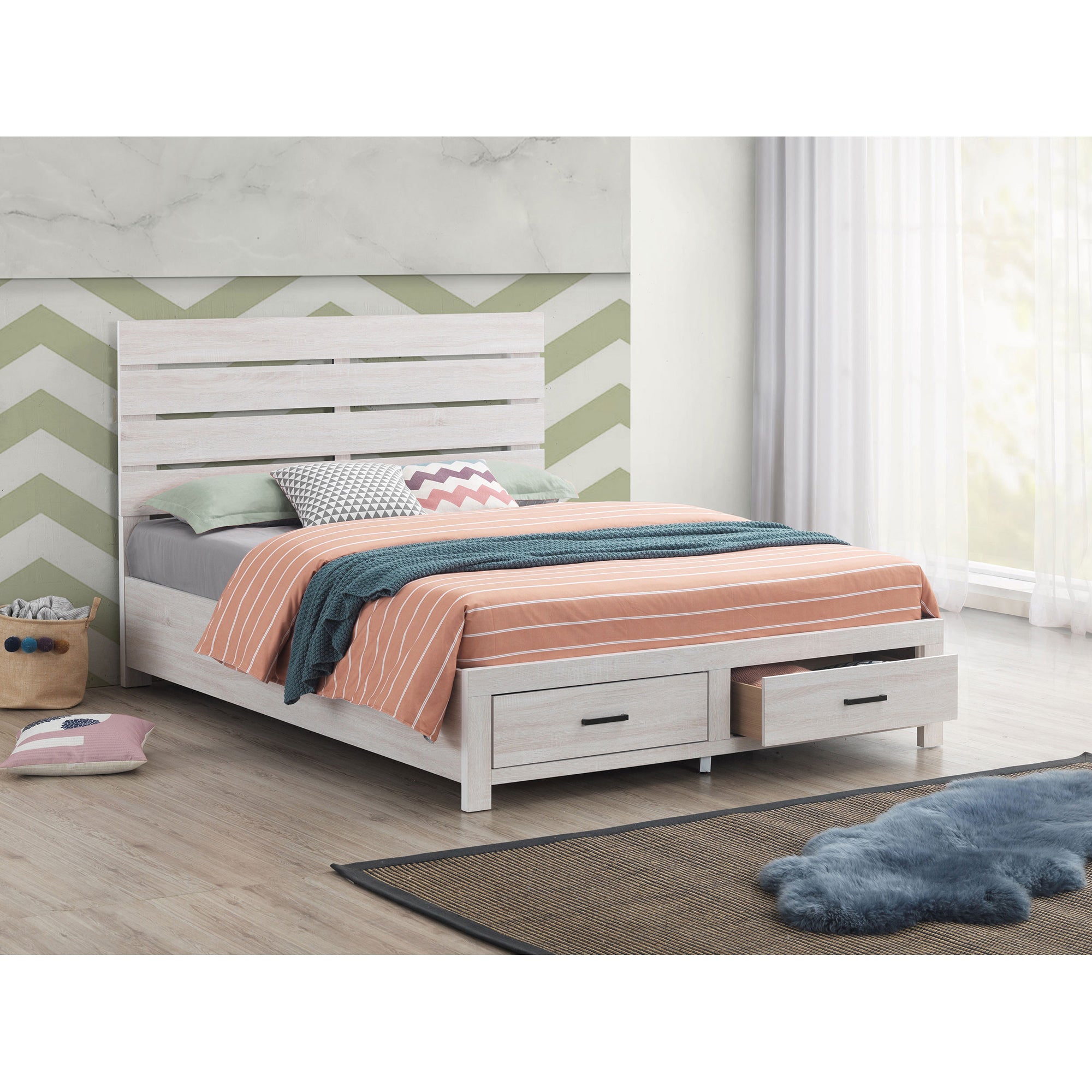 Geary Coastal White Queen Storage Panel Bed - Elegant Bedroom Furniture