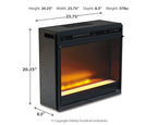 Black fireplace insert with glass front and mesh top vent, size diagram