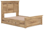 Light brown panel storage bed with paneled headboard, slatted base, and two front drawers