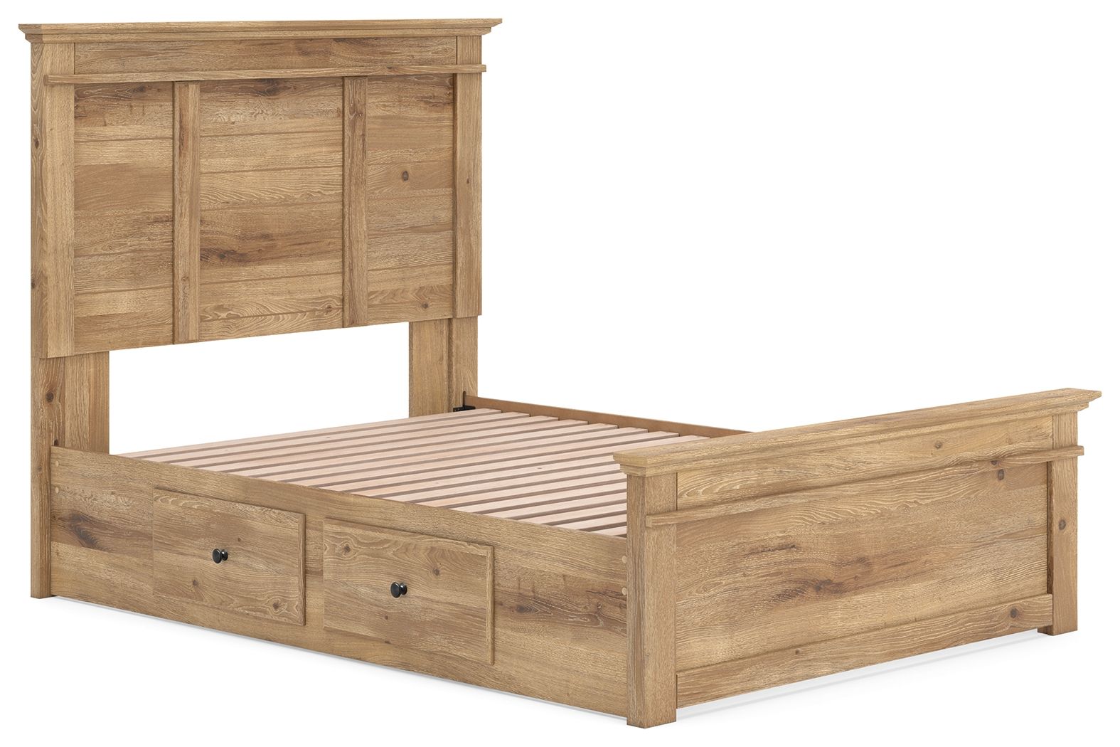 Light brown panel storage bed with paneled headboard, slatted base, and two front drawers