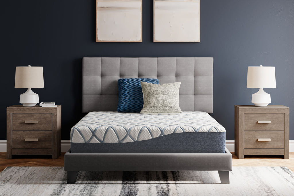 10-inch firm mattress in bed frame, white and blue patterned top with pillows