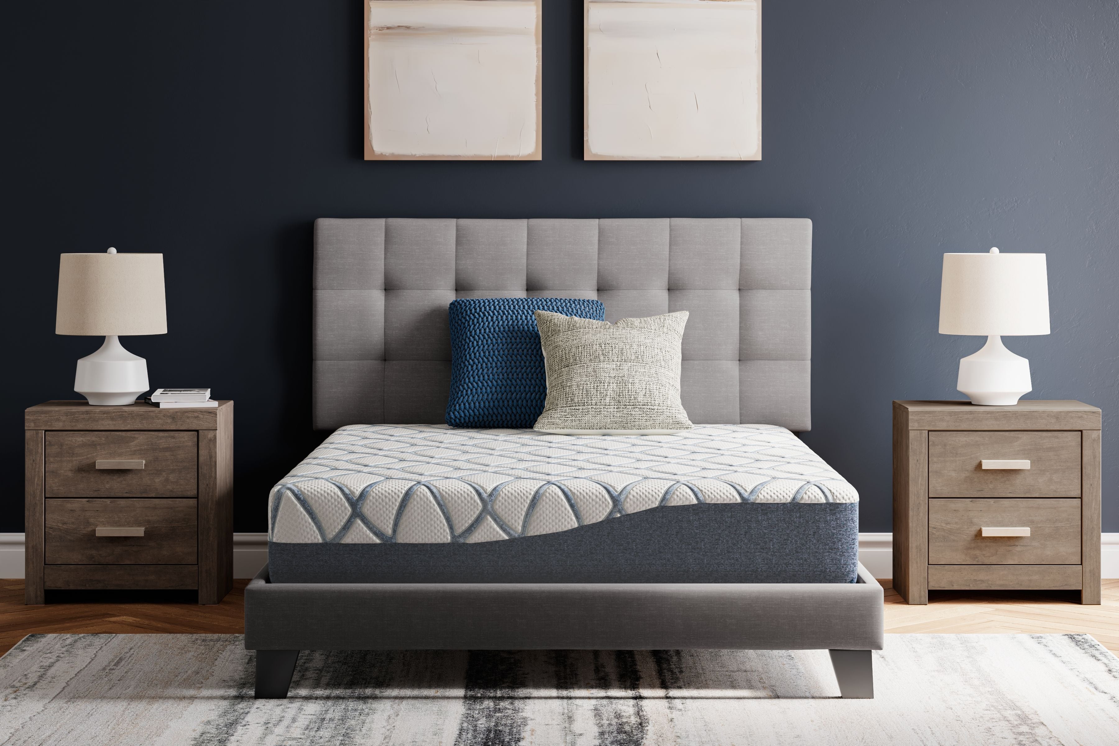10-inch firm mattress in bed frame, white and blue patterned top with pillows
