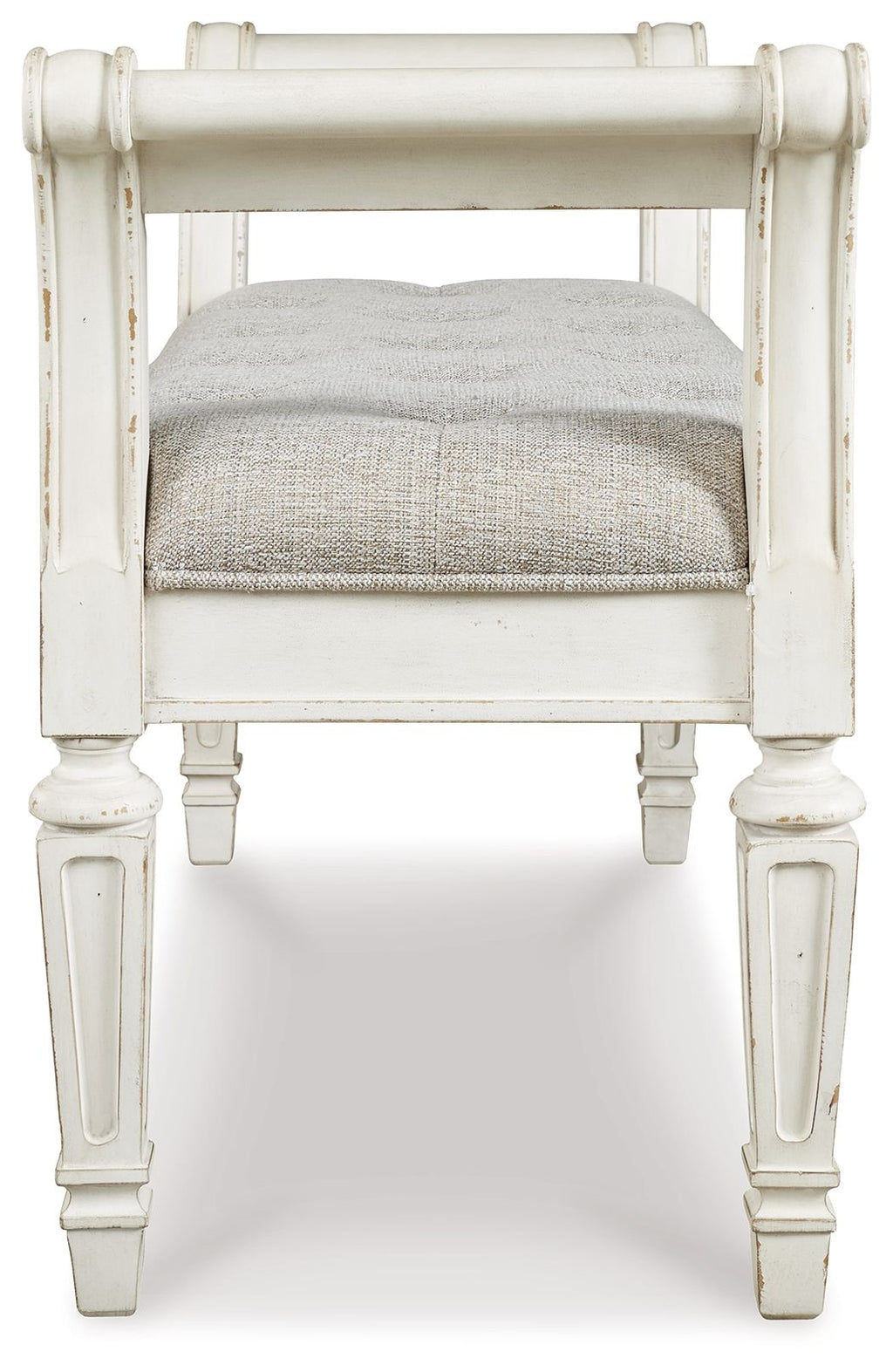 Accent bench with antique white carved legs and gray upholstered seat