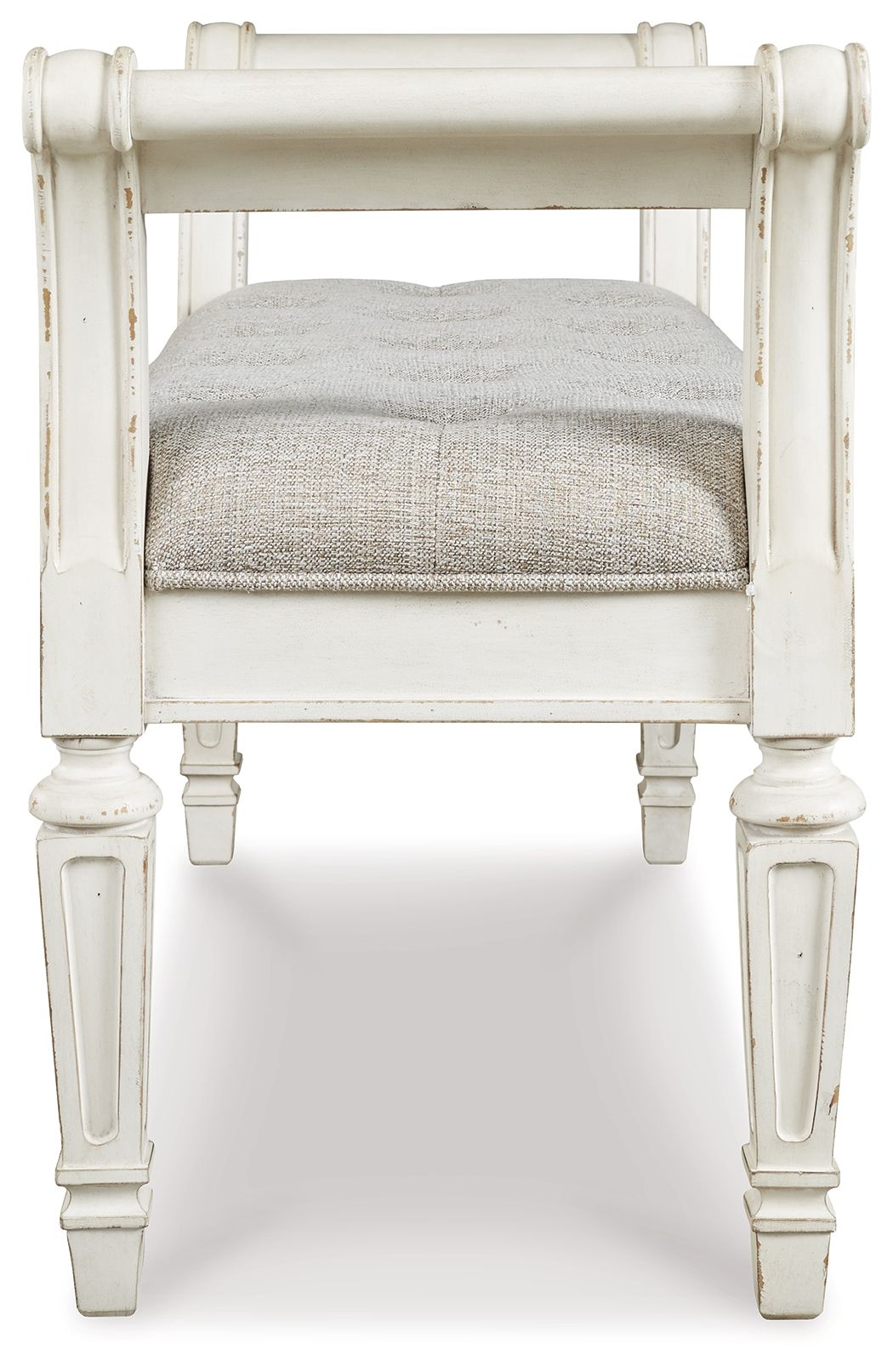 Accent bench with antique white carved legs and gray upholstered seat