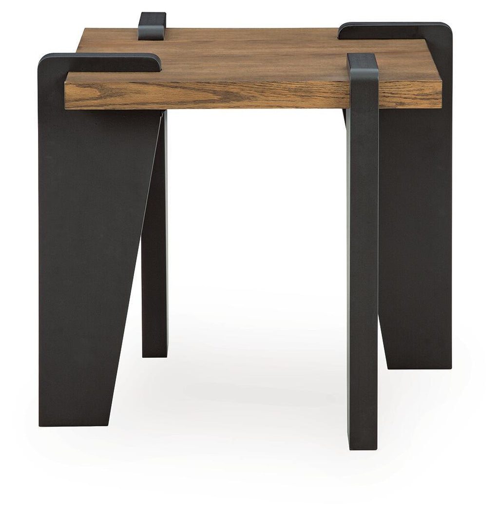 Rectangular table featuring rustic wood tabletop and two black side supports