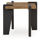 Rectangular table featuring rustic wood tabletop and two black side supports