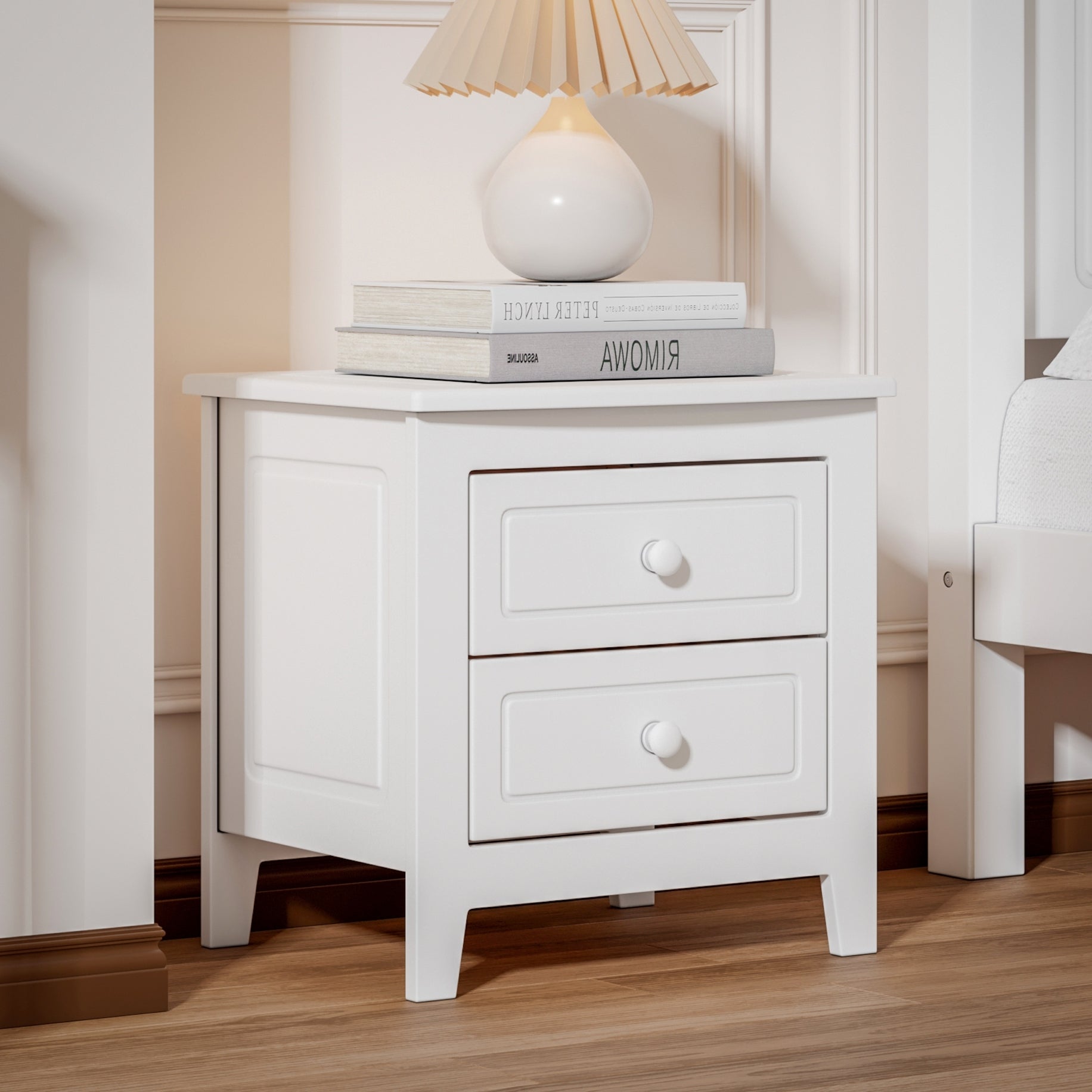 White Mid-Century 2-Drawer Nightstand | Retro Bedroom Bedside Table