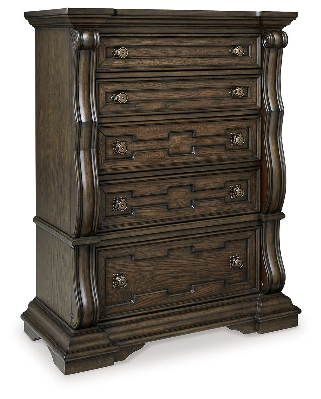 Dark brown five-drawer chest with paneled sides and brass-tone pulls