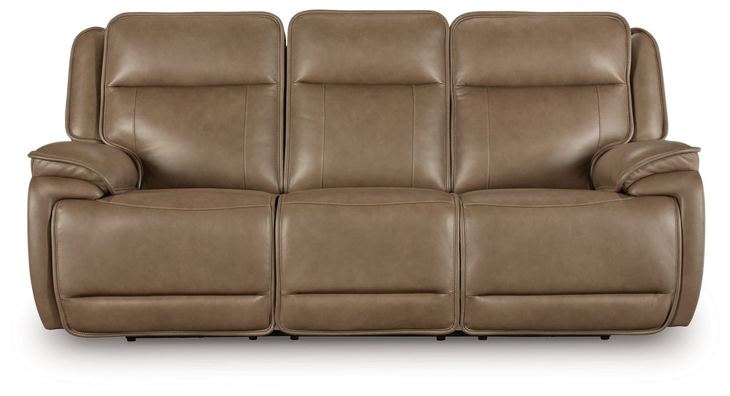 Power reclining sofa with three seat sections and adjustable headrests, taupe leather-look