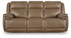 Power reclining sofa with three seat sections and adjustable headrests, taupe leather-look