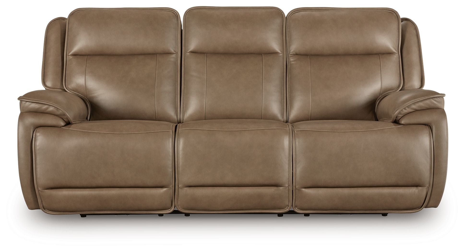 Power reclining sofa with three seat sections and adjustable headrests, taupe leather-look