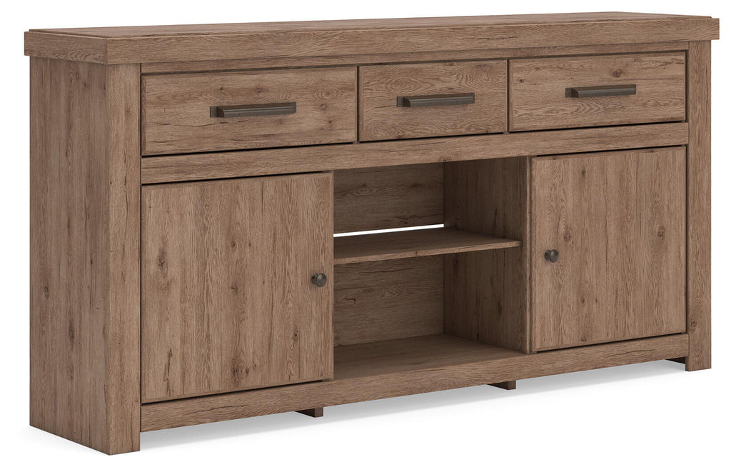 Light brown wood TV stand with three drawers and two cabinet doors, open center shelf.