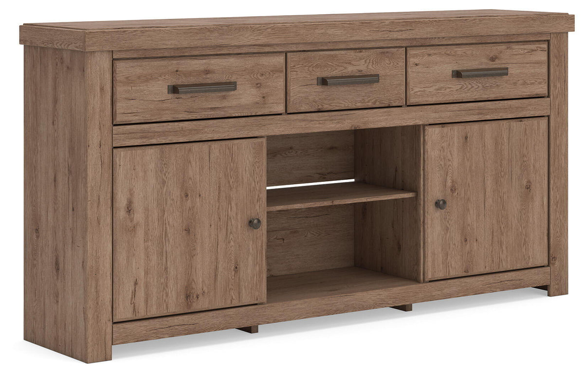 Light brown wood TV stand with three drawers and two cabinet doors, open center shelf.