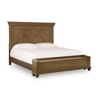 Queen panel storage bed with upholstered headboard, medium brown wood frame
