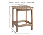 Tan outdoor end table with slatted top and open lower shelf, dimensions diagram